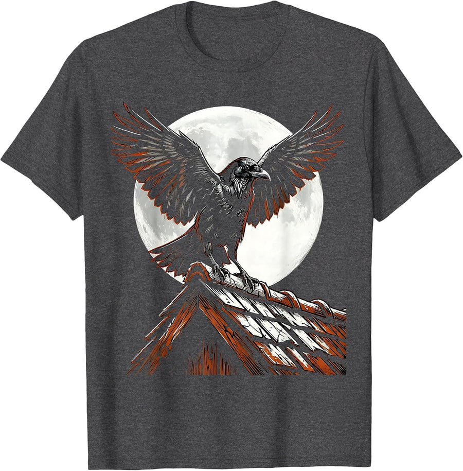 Men's Crow With Spread Wings Over Rooftop Graphic T-Shirt - Dark Heather Grey