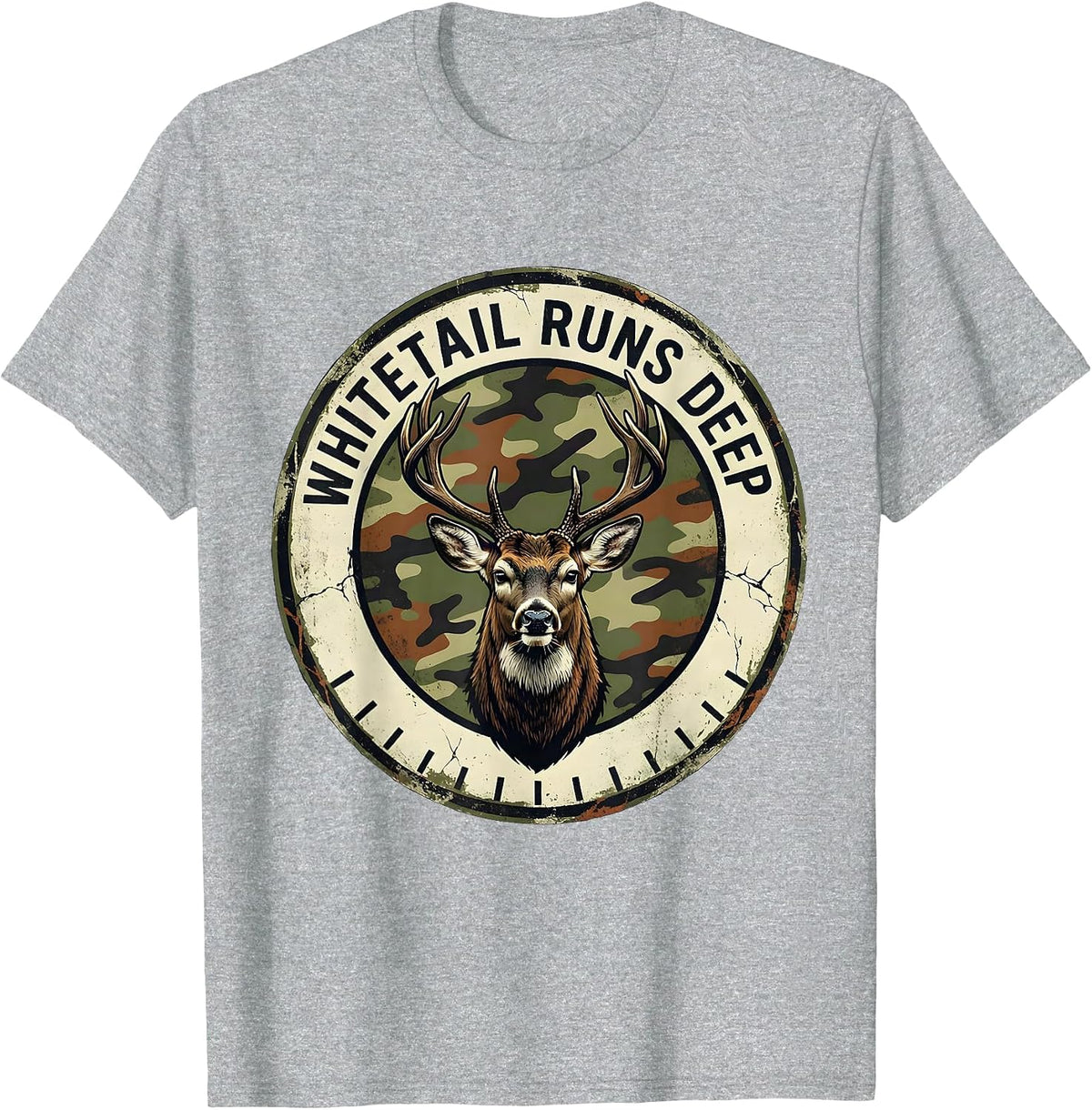 Men's Whitetail Runs Deep Distressed Camo Deer Hunting Dad Humor T-Shirt - Heather Grey