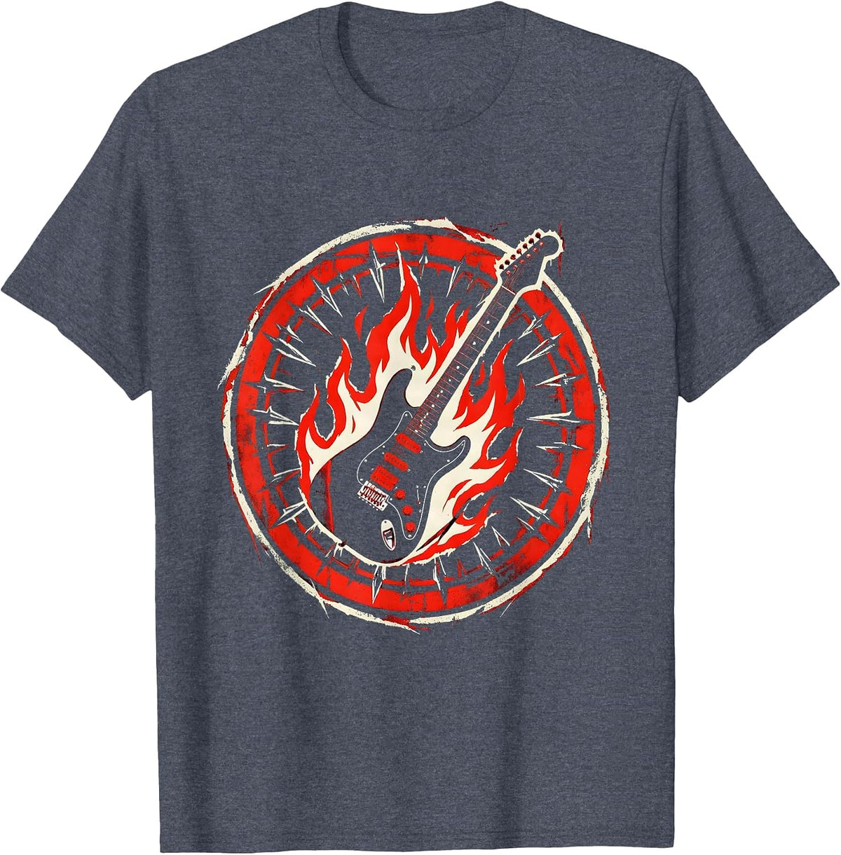 Flaming Electric Guitar 80s Rock Band Graphic T-Shirt - Heather Blue