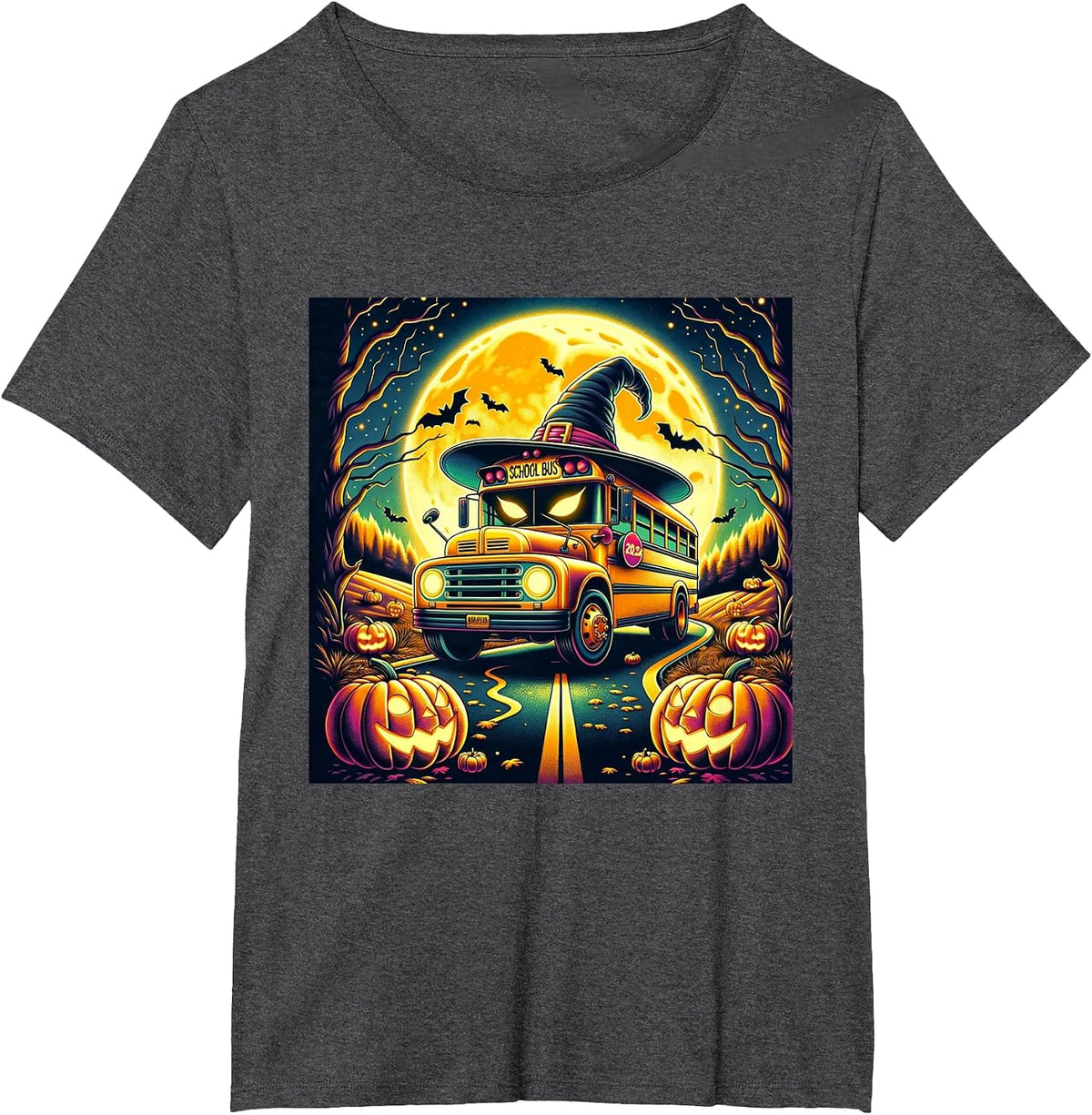 Vintage Halloween School Bus Witch Hat and Pumpkins Spooky T-Shirt - Dark Heather Grey