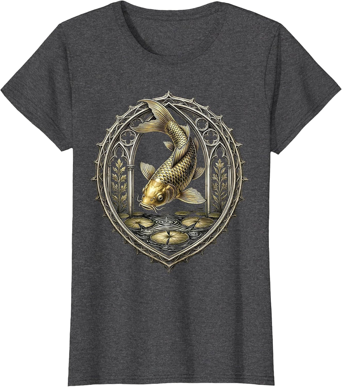 Women's Gold Koi Fish Leaping from Dark Water T-Shirt - Dark Heather Grey