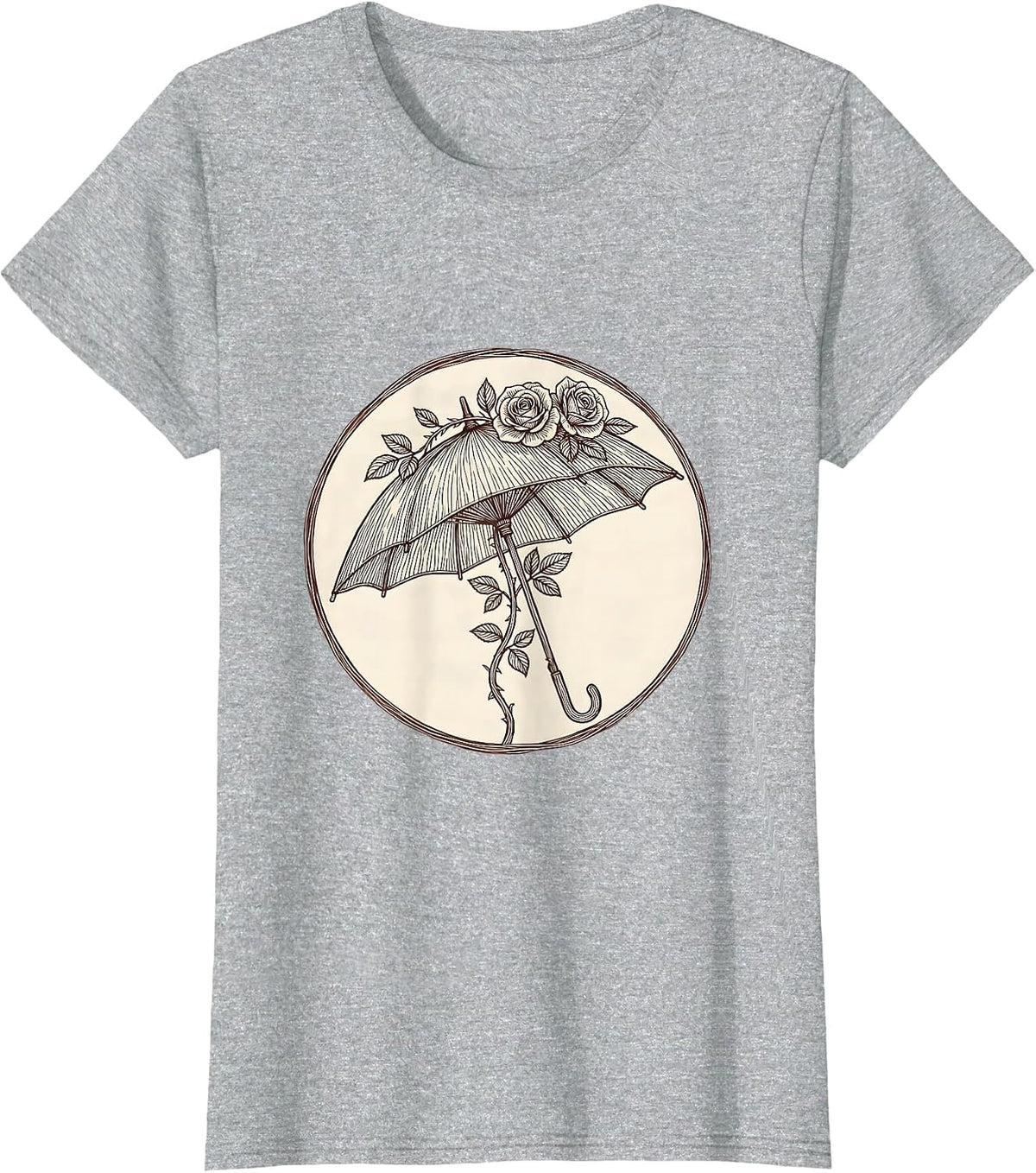 Women's Vintage Lace Parasol Climbing Roses Romantic Art T-Shirt - Heather Grey