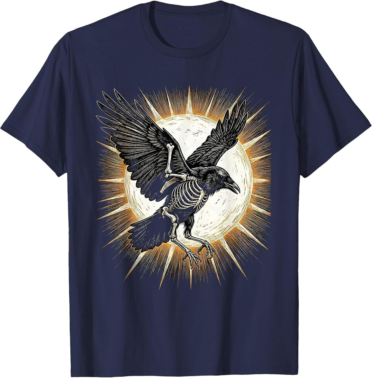 Crow Skeleton In Flight Against the Sun T-Shirt - Navy Blue