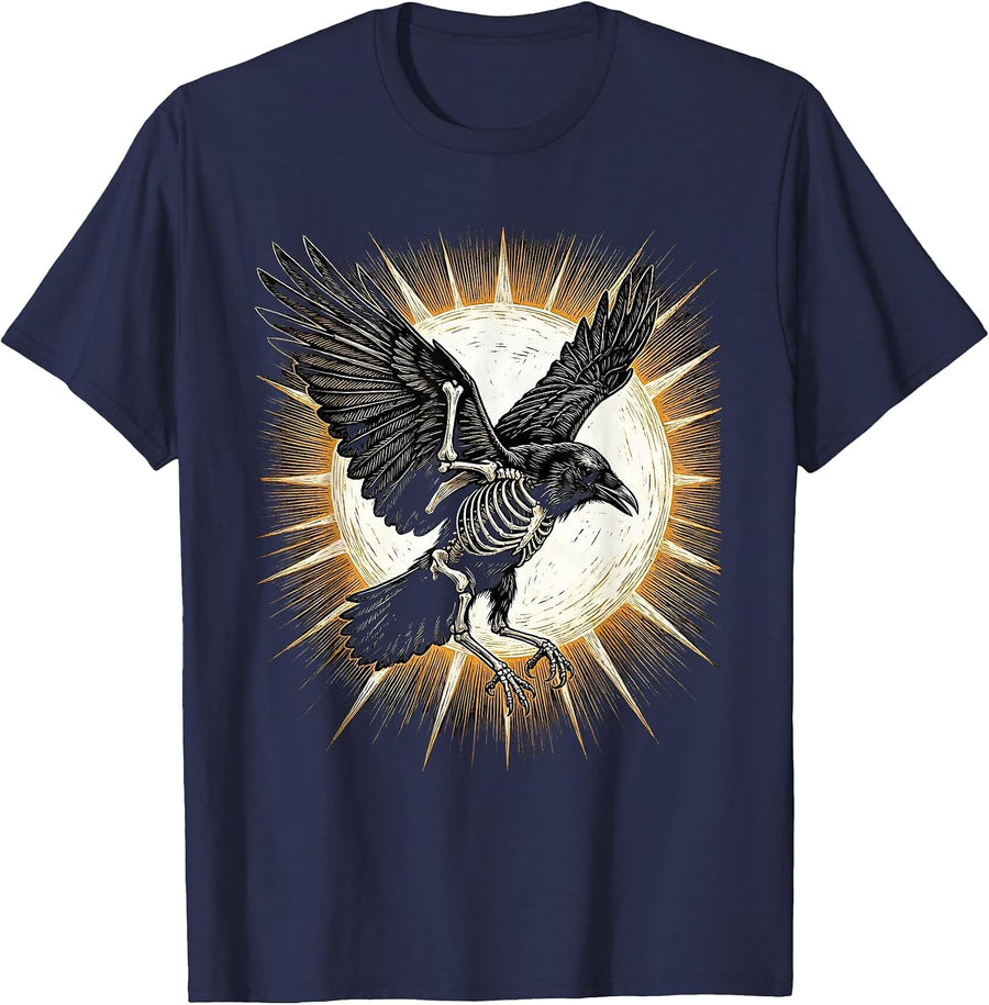 Crow Skeleton In Flight Against the Sun T-Shirt - Navy Blue