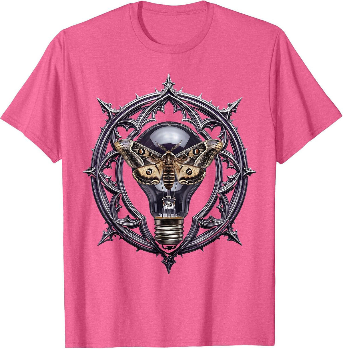 Grunge Moth and Bare Lightbulb Illustration T-Shirt - Pink Heather