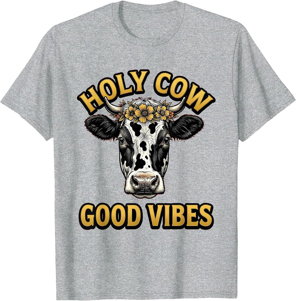 Men's Holy Cow Good Vibes Cow Print Design T-Shirt - Heather Grey