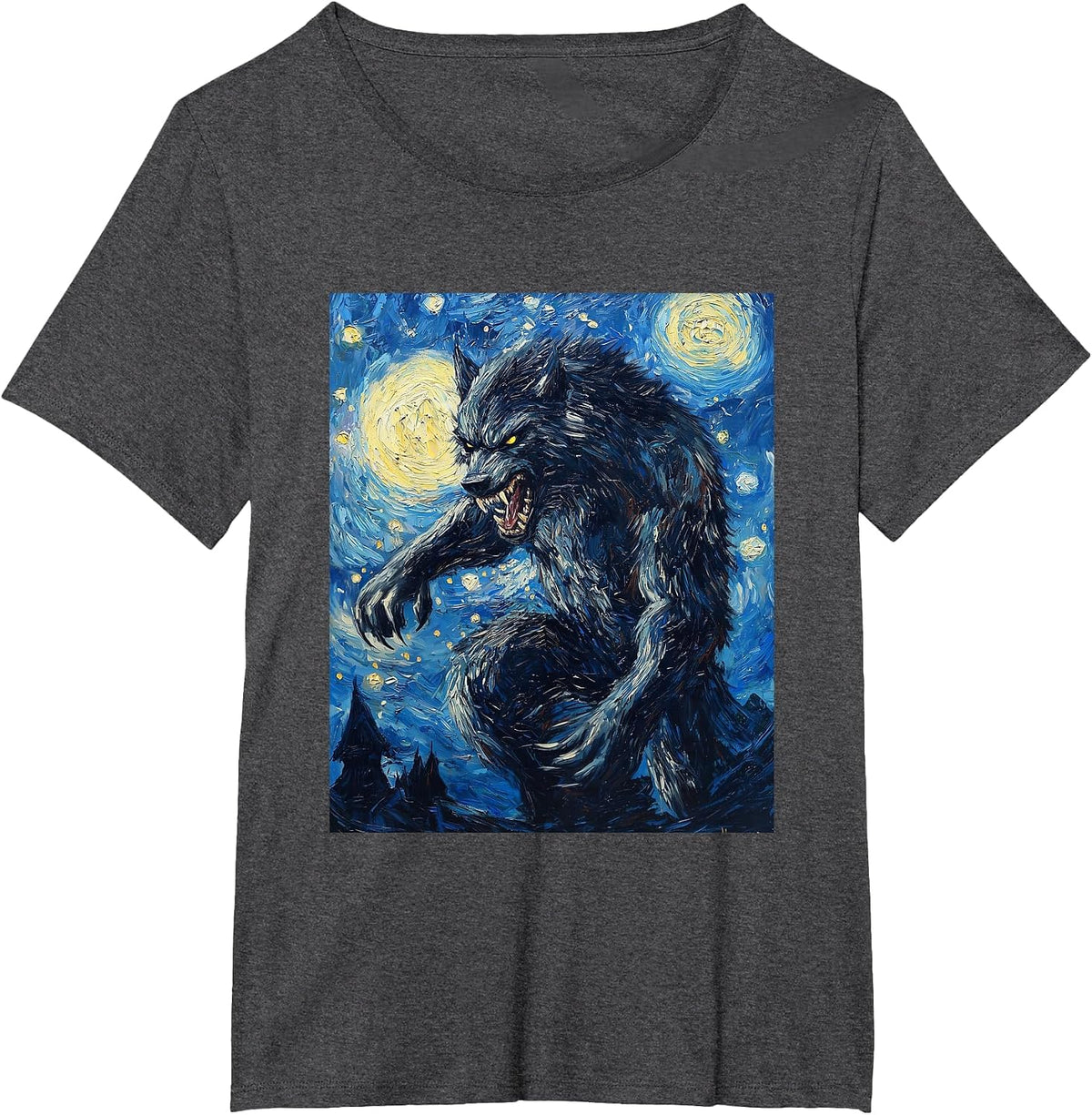 Werewolf Wolf Van Gogh Style Starry Night Graphic T-Shirt - Dark Heather Grey