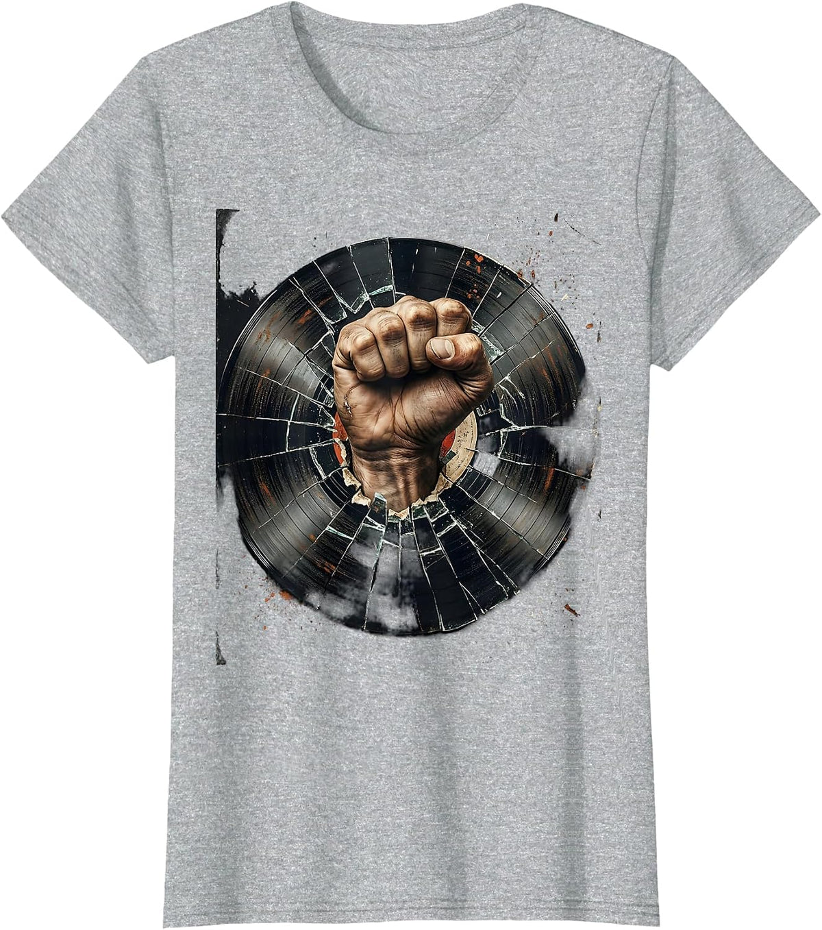 Punk Fist Smashing Vinyl Record Graphic Tee T-Shirt - Heather Grey