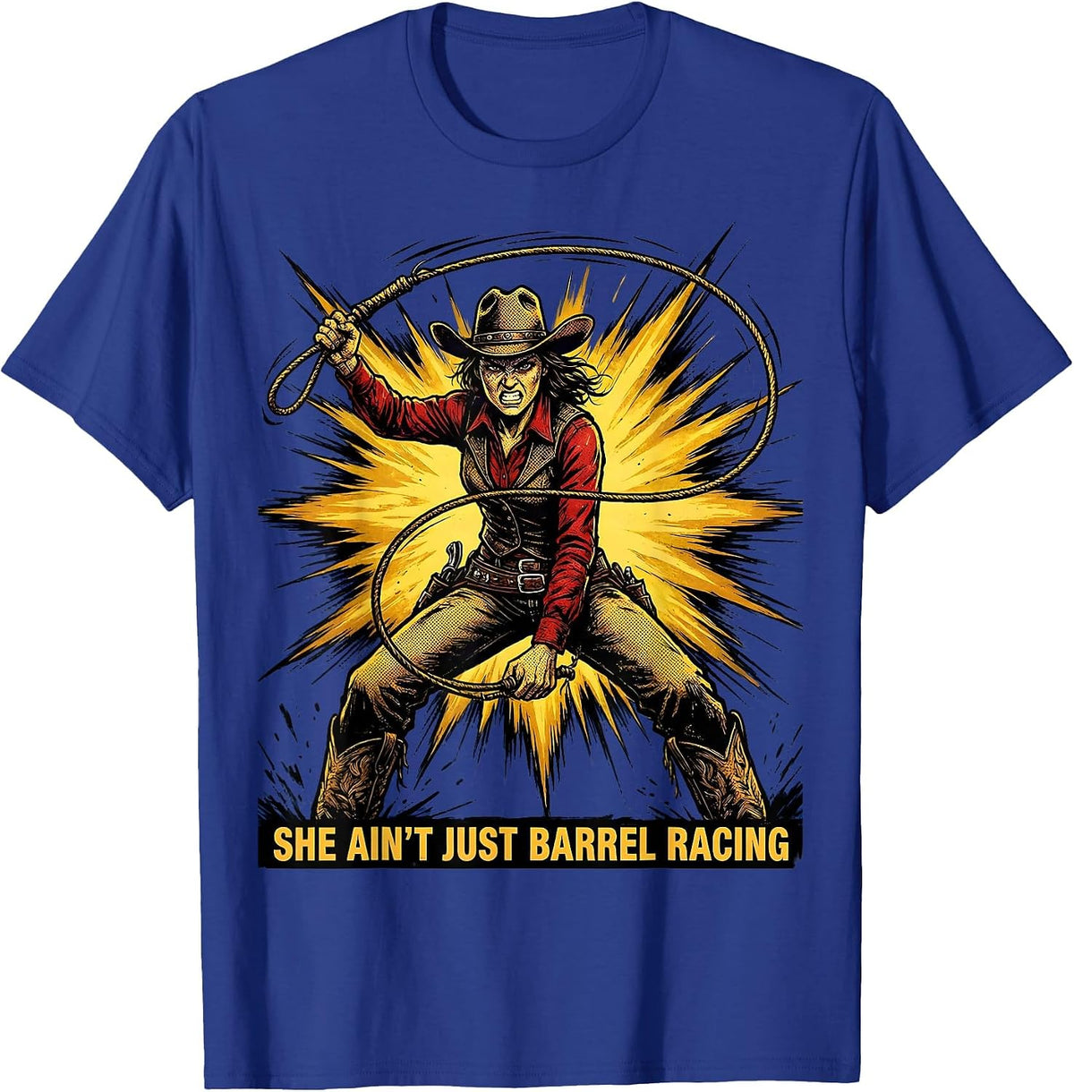 She Ain't Just Barrel Racing Rodeo Design T-Shirt - Royal Blue