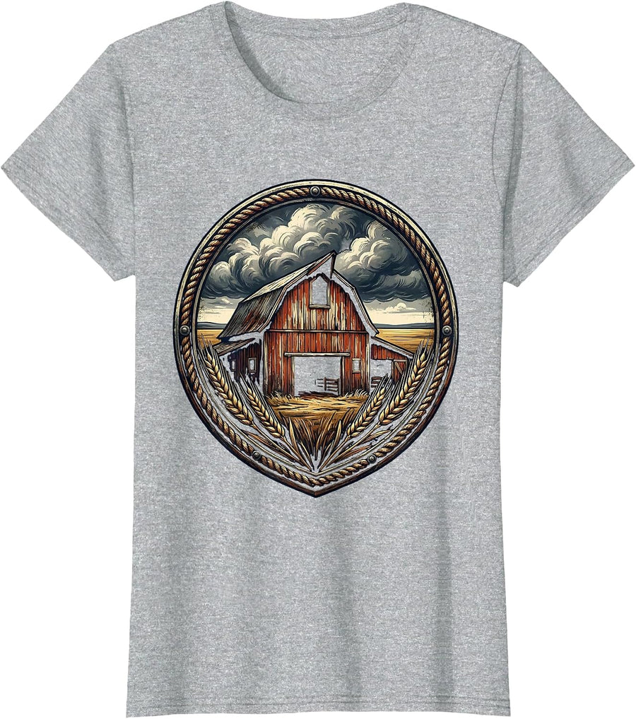 Old Wooden Barn Stormy Midwest Sky Illustration T-Shirt - Heather Grey