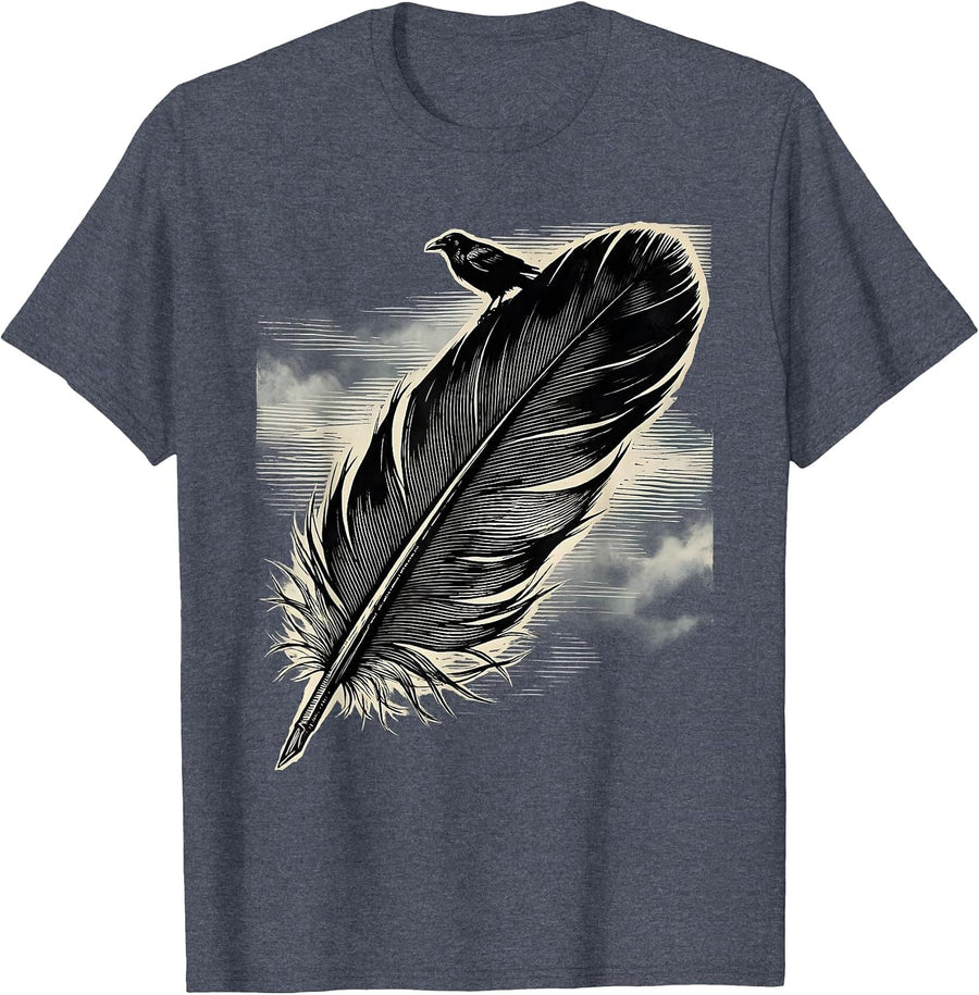 Crow Feather Falling Through Misty Air Design T-Shirt - Heather Blue