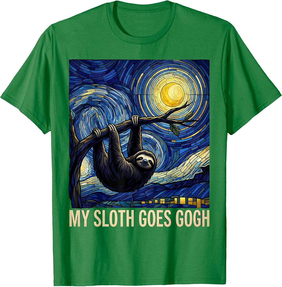 Men's My Sloth Goes Gogh Stained Glass Mosaic Animal Lover Gift T-Shirt - Kelly Green