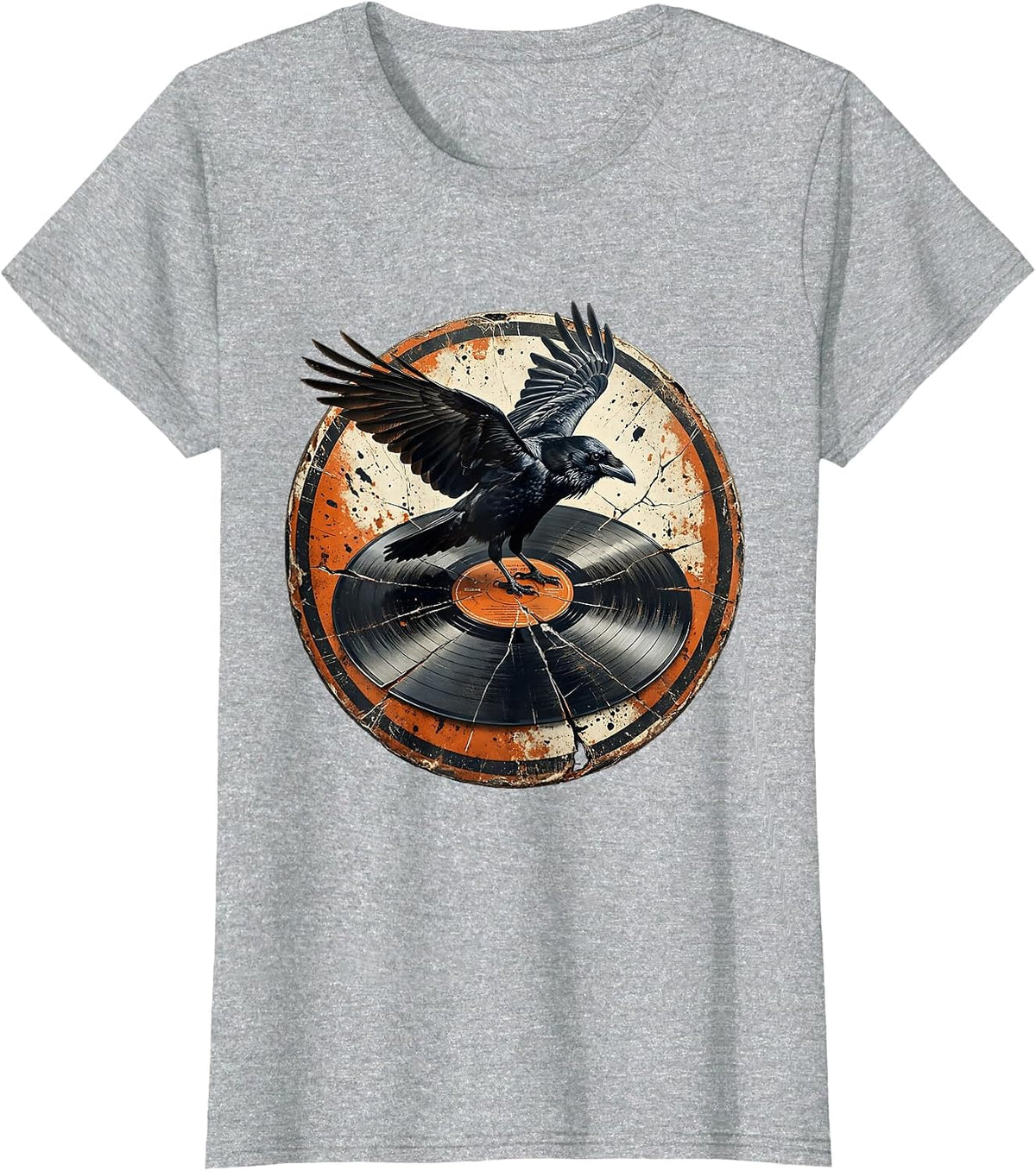 Raven on Cracked Vinyl Record Rock Art T-Shirt - Heather Grey