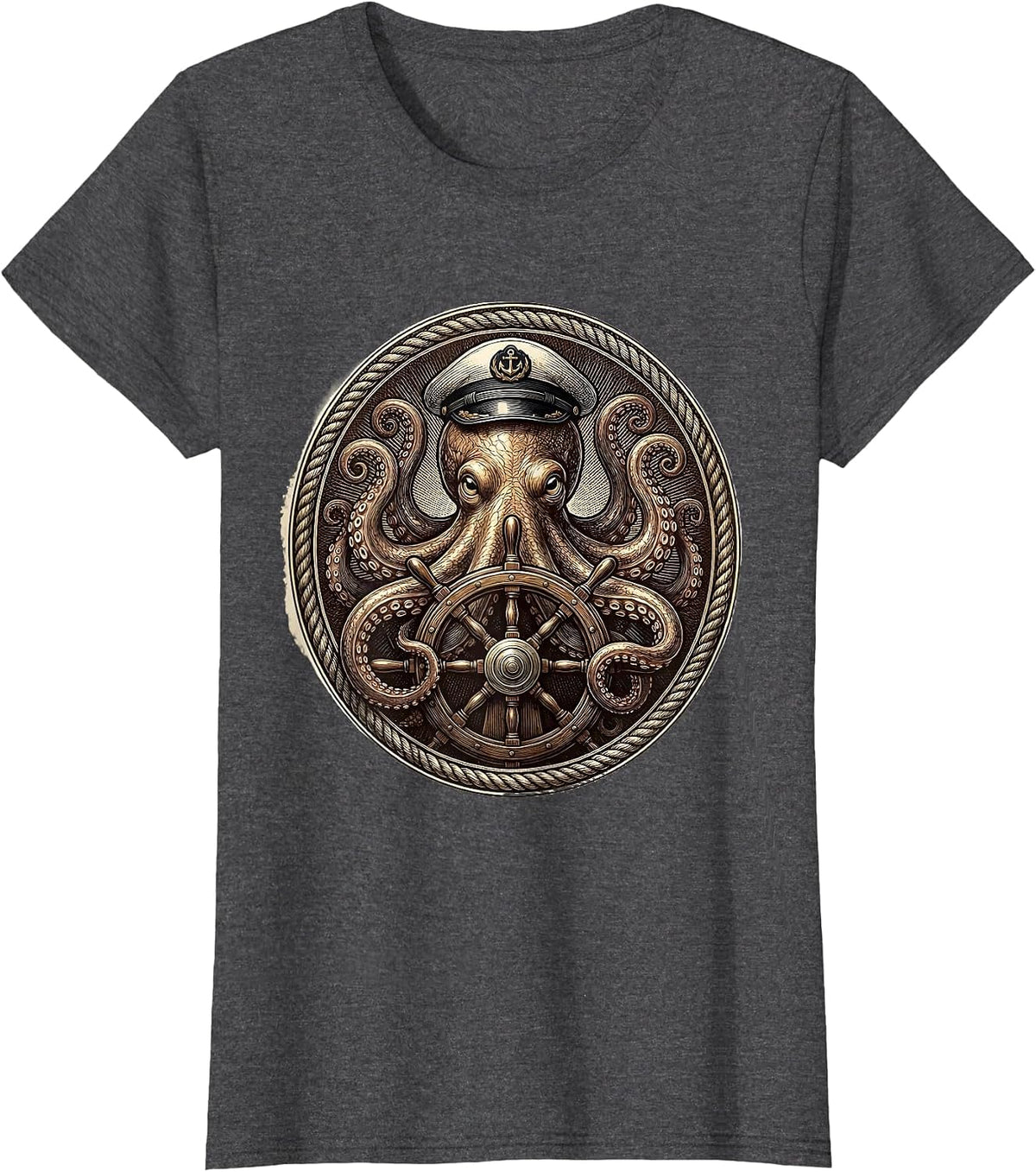 Women's Octopus Captain at the Helm Nautical Design T-Shirt - Dark Heather Grey