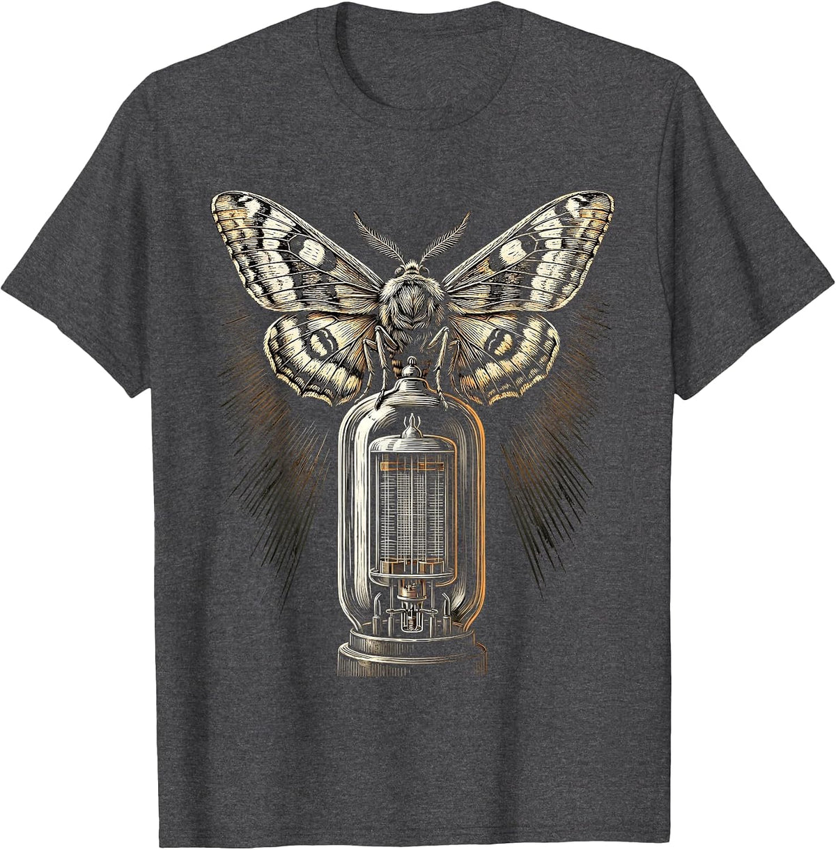 Moth and Vintage Vacuum Tube Rock Art Graphic T-Shirt - Dark Heather Grey