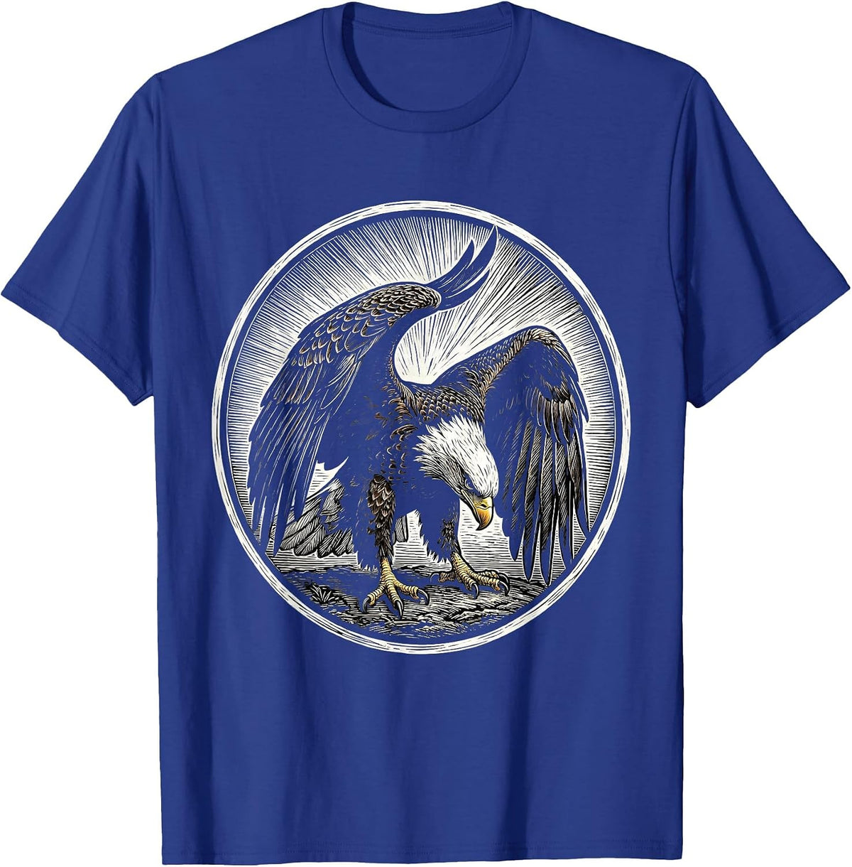 Men's Bald Eagle Woodcut Engraving Eagle Lover Nature Faith T-Shirt - Royal Blue