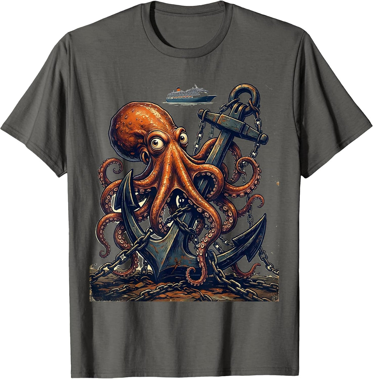 Funny Octopus Tangled in Cruise Ship Anchor T-Shirt - Asphalt Grey