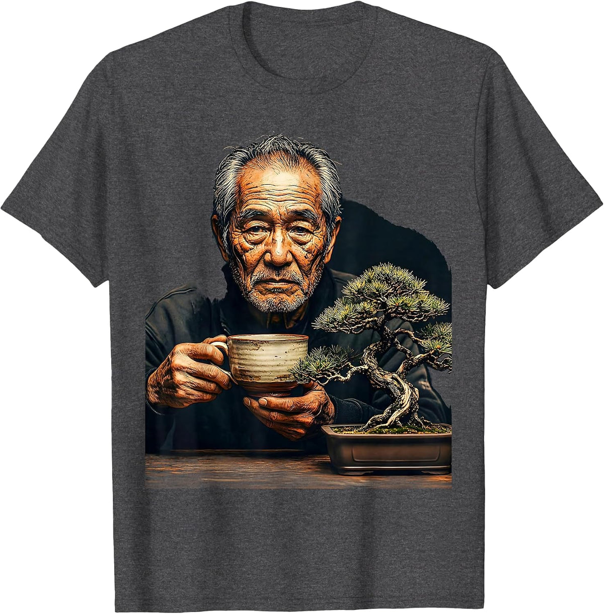 Japanese Elder Tea and Bonsai Graphic T-Shirt - Dark Heather Grey