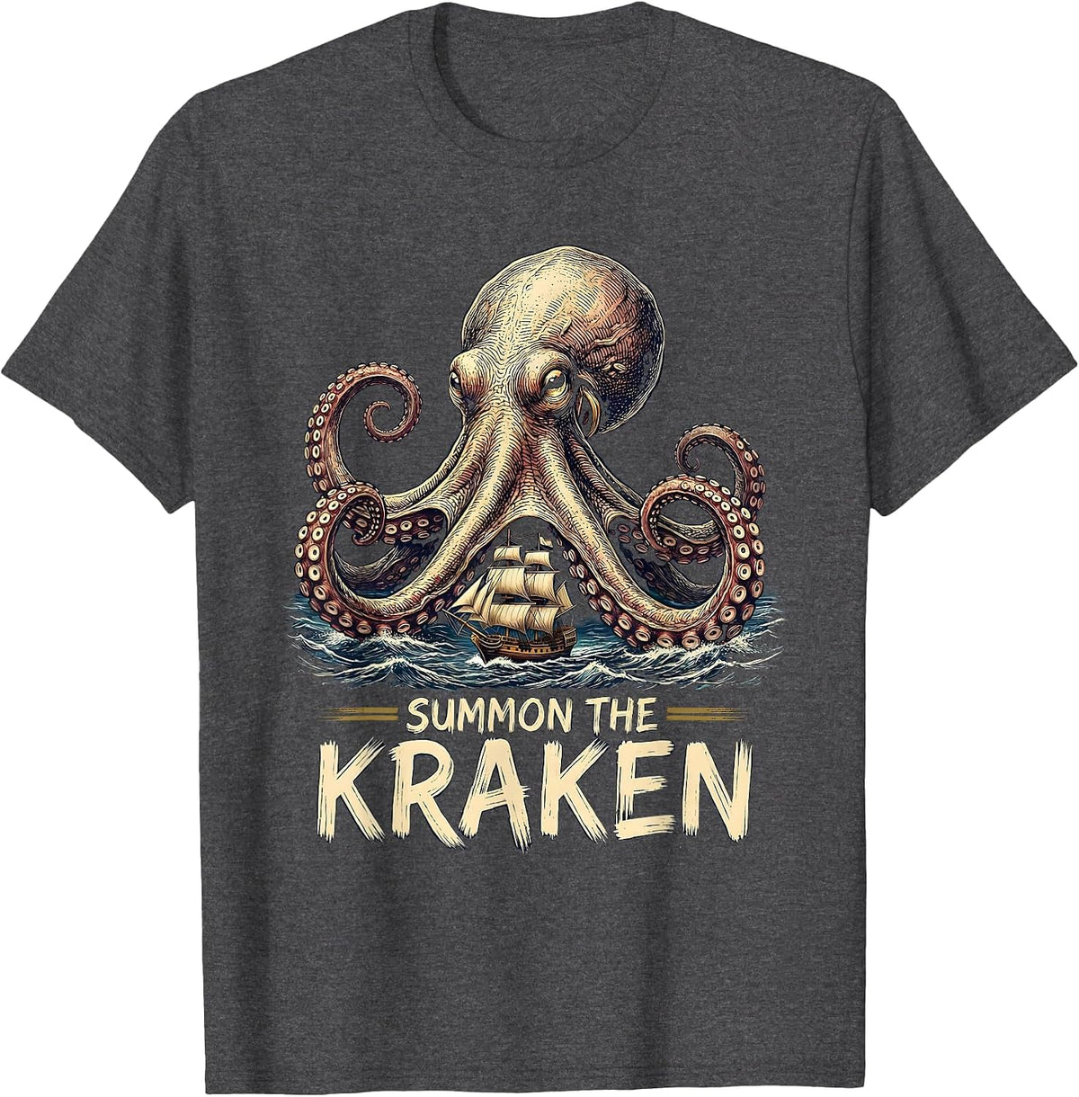 Men's Summon The Kraken Sign Painter Octopus Marine Biology Sea T-Shirt - Dark Heather Grey