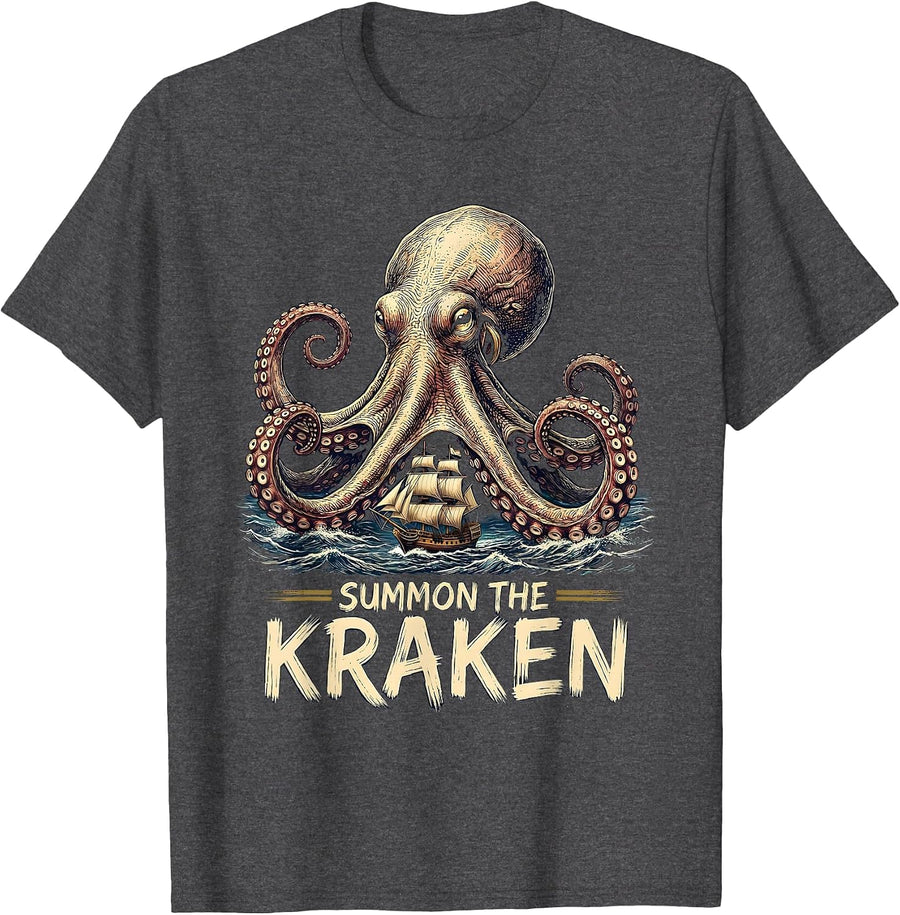 Men's Summon The Kraken Sign Painter Octopus Marine Biology Sea T-Shirt - Dark Heather Grey