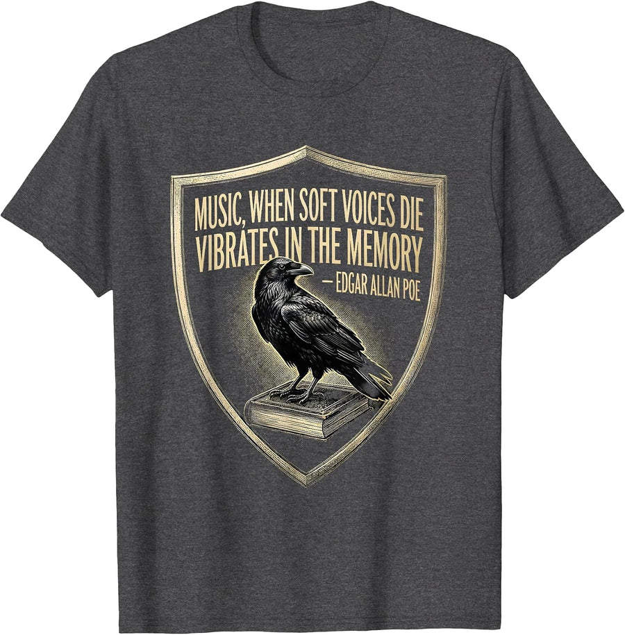 Men's Music Vibrates in Memory Edgar Allan Poe Gothic Literary T-Shirt - Dark Heather Grey