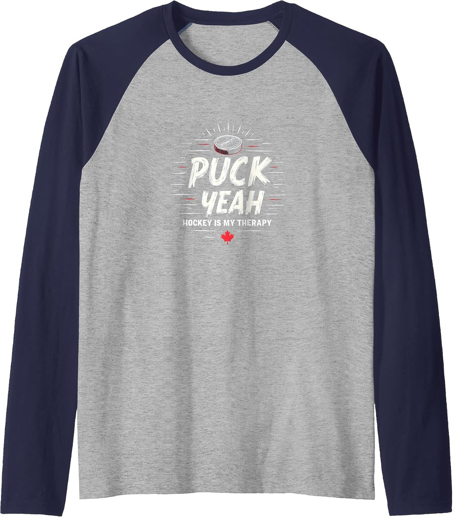 Puck Yeah Hockey Is My Therapy Sweatshirt Fan Gift Raglan Baseball Tee - Navy Blue\/Athletic Heather