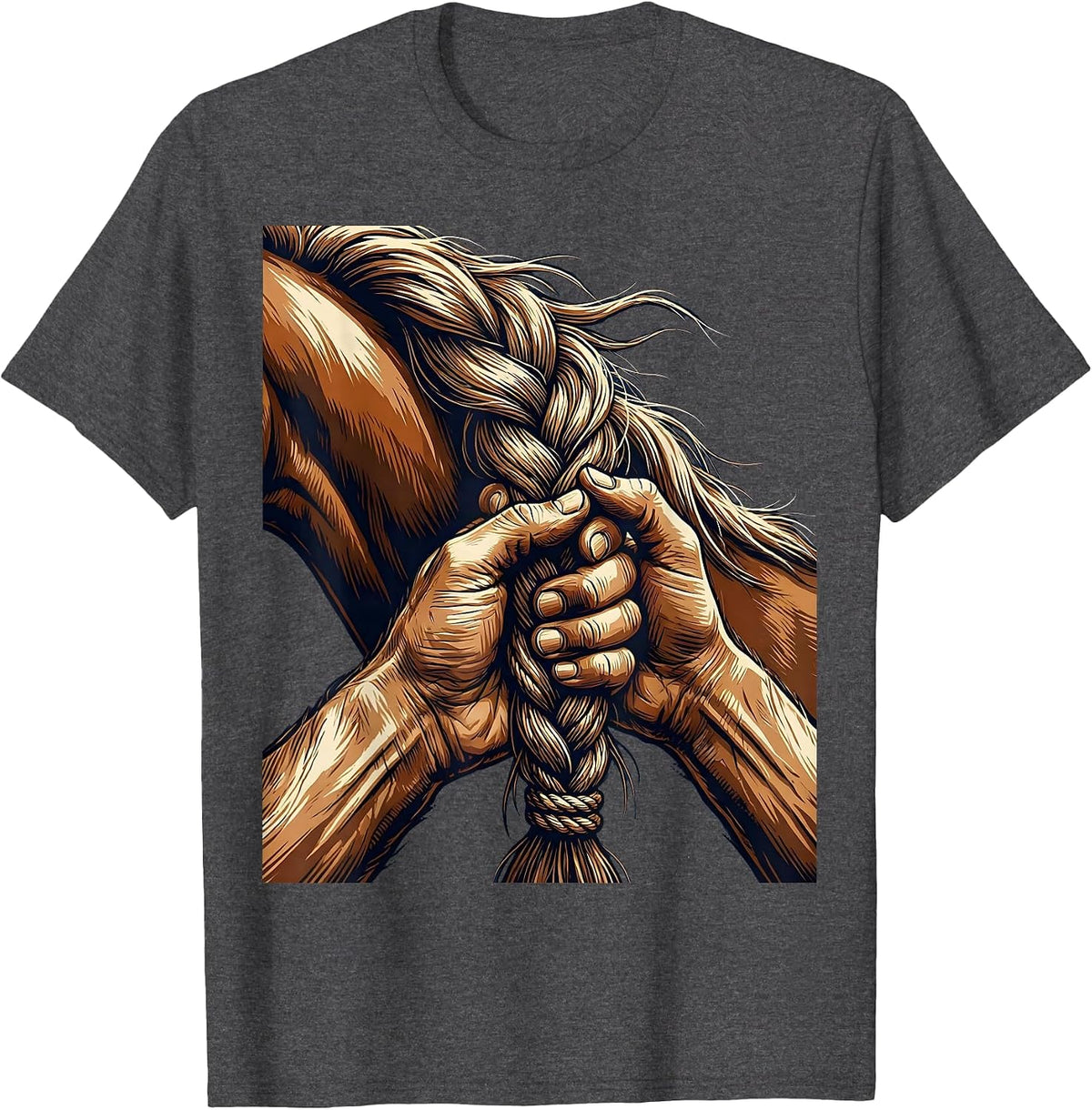 Horse Mane Braid Weathered Hands Rodeo Illustration T-Shirt - Dark Heather Grey