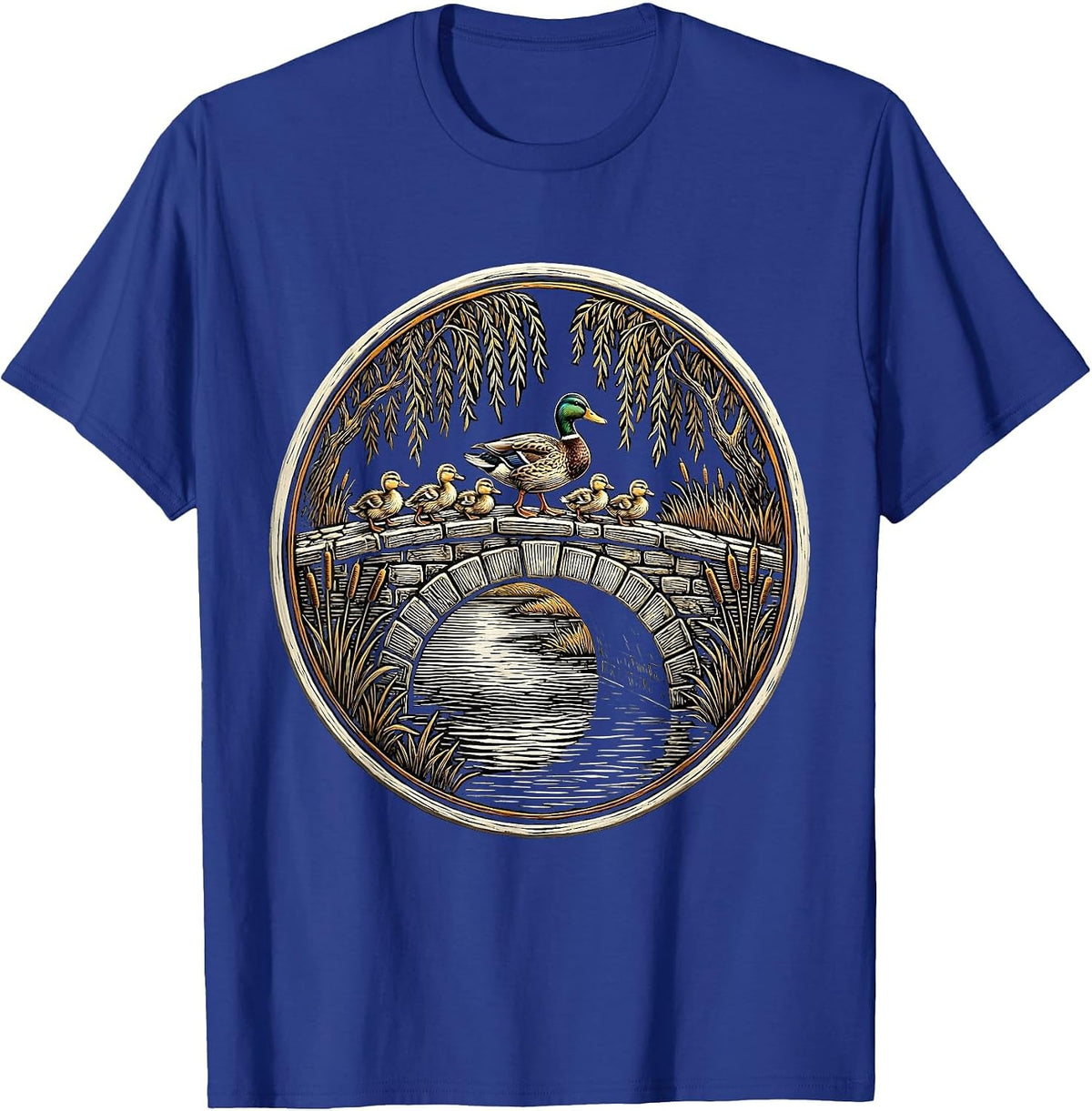 Duck Family Crossing Cobblestone Park Bridge T-Shirt - Royal Blue