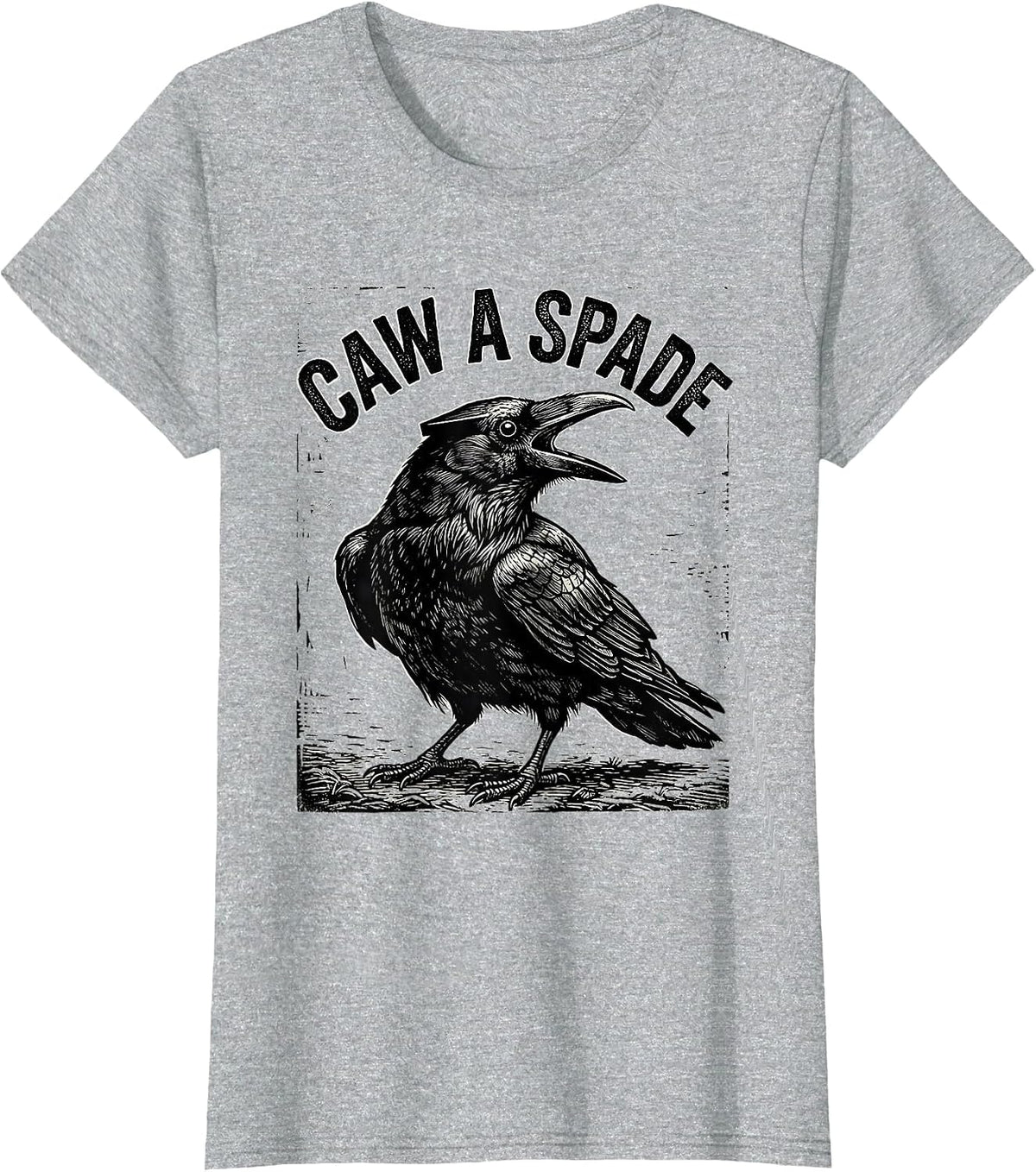 Caw A Spade Woodcut Engraving Gothic Crow Humor T-Shirt - Heather Grey