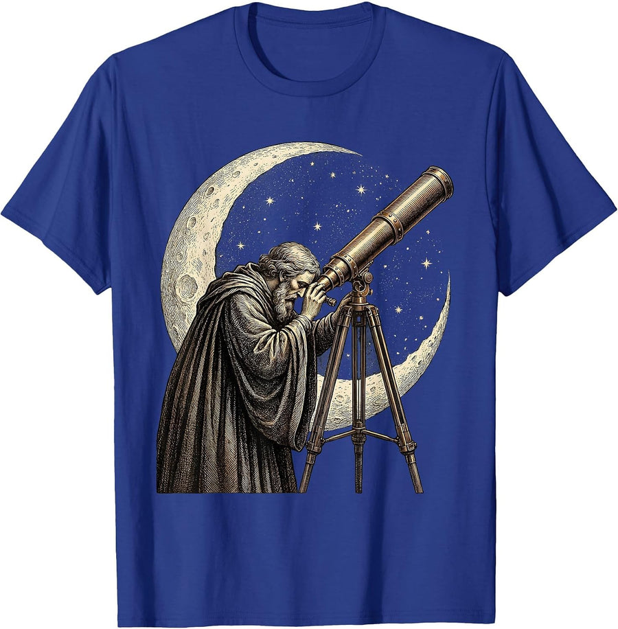 Astronomer Brass Telescope Night Sky Illustration T-Shirt - Royal Blue