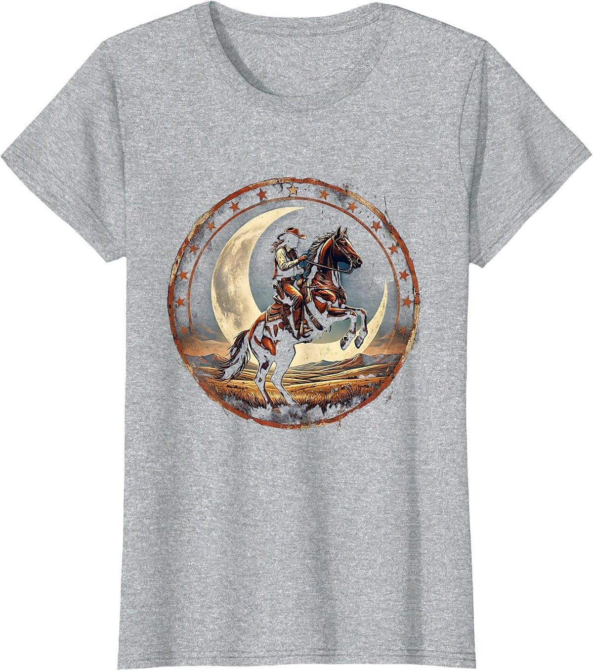 Cowgirl on Horseback Starry Night Sky Design T-Shirt - Heather Grey