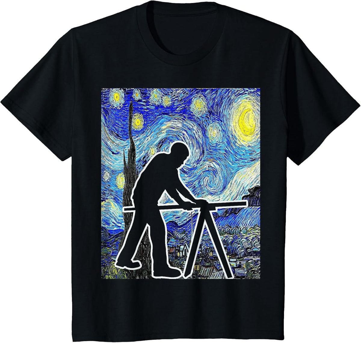 Carpenter Starry Night Carpentry Painting Woodworker T-Shirt - Black