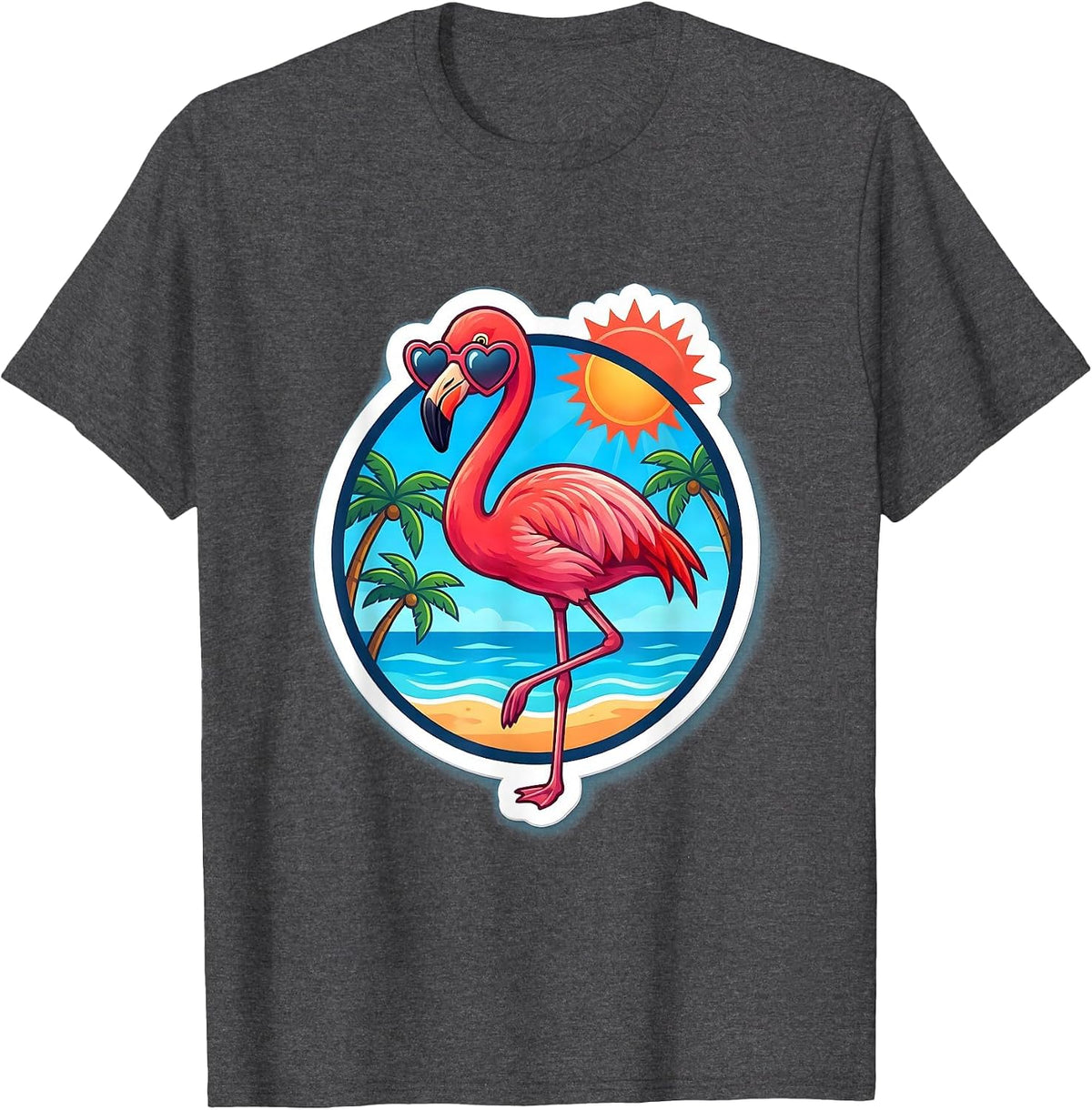 Flamingo In Sunglasses Beach Graphic Design T-Shirt - Dark Heather Grey
