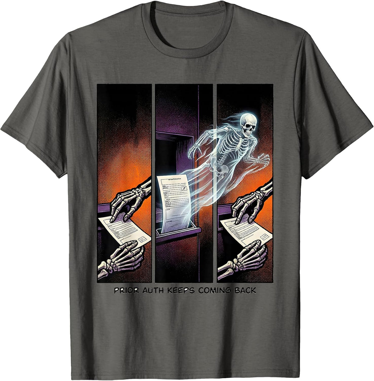 Men's Prior Auth Keeps Coming Back Funny Pharmacy Tech Halloween T-Shirt - Asphalt Grey