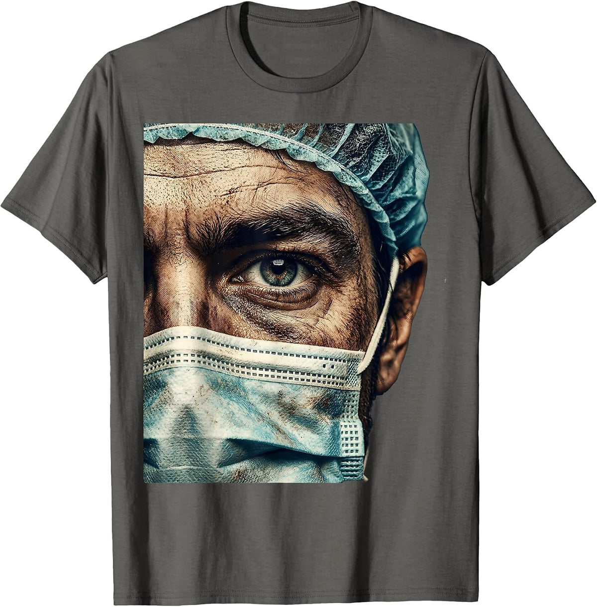 ER Nurse Close-Up Eye Surgical Mask Scrub Cap T-Shirt - Asphalt Grey