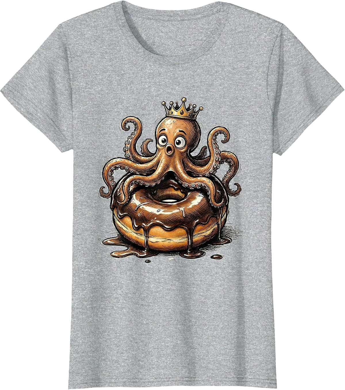 Octopus Glazed Donut Funny Food Art Design T-Shirt - Heather Grey