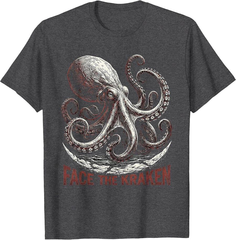 Men's Face the Kraken Woodcut Engraving Vintage Kraken Octopus Sea T-Shirt - Dark Heather Grey