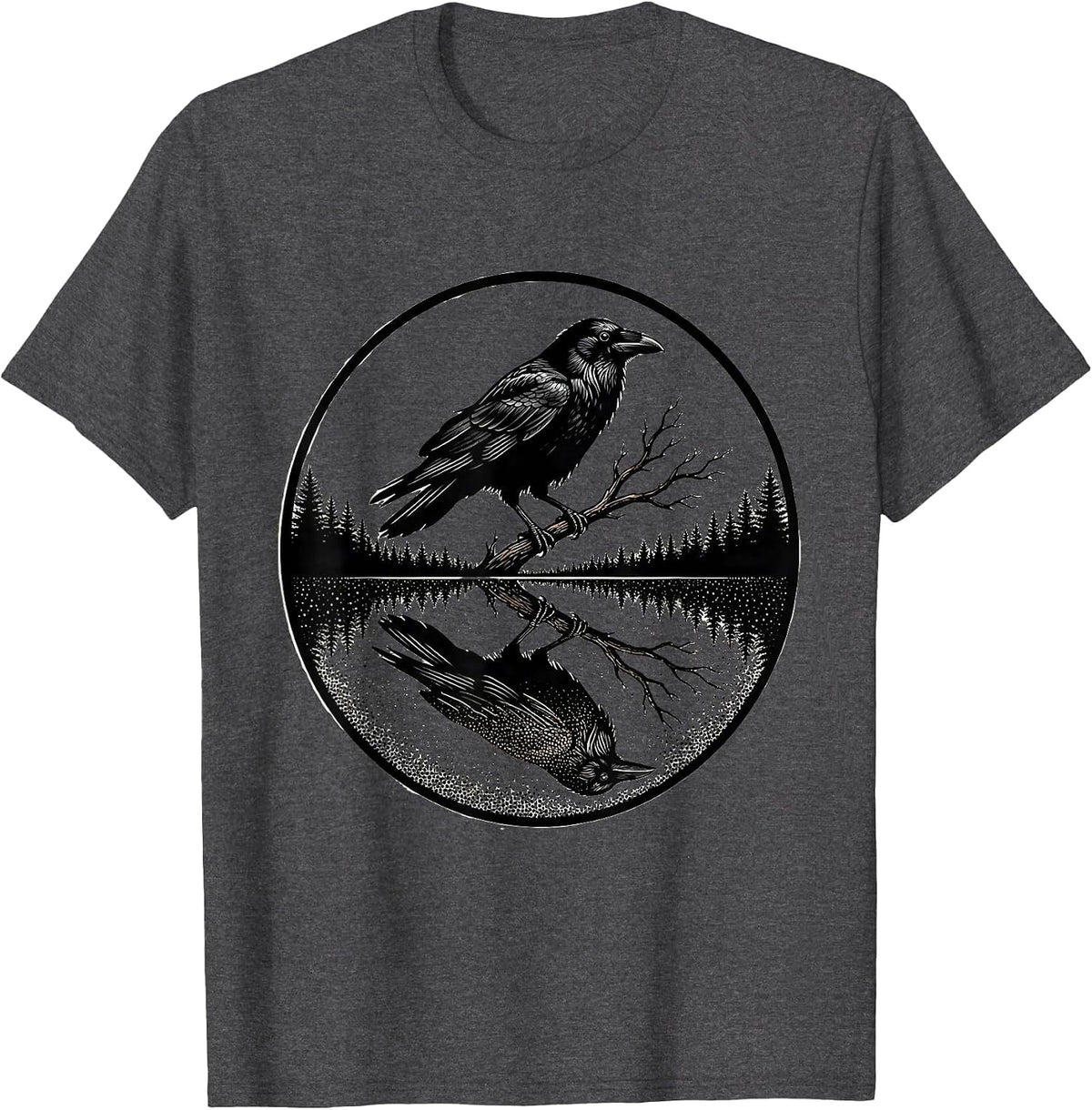 Crow Reflected in Still Forest Pond T-Shirt - Dark Heather Grey