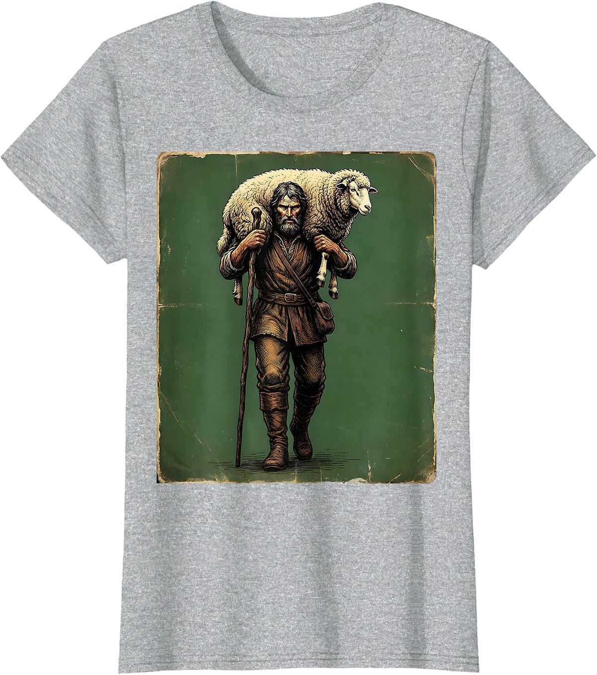 Shepherd Carrying Lost Sheep Christian Faith Graphic T-Shirt - Heather Grey