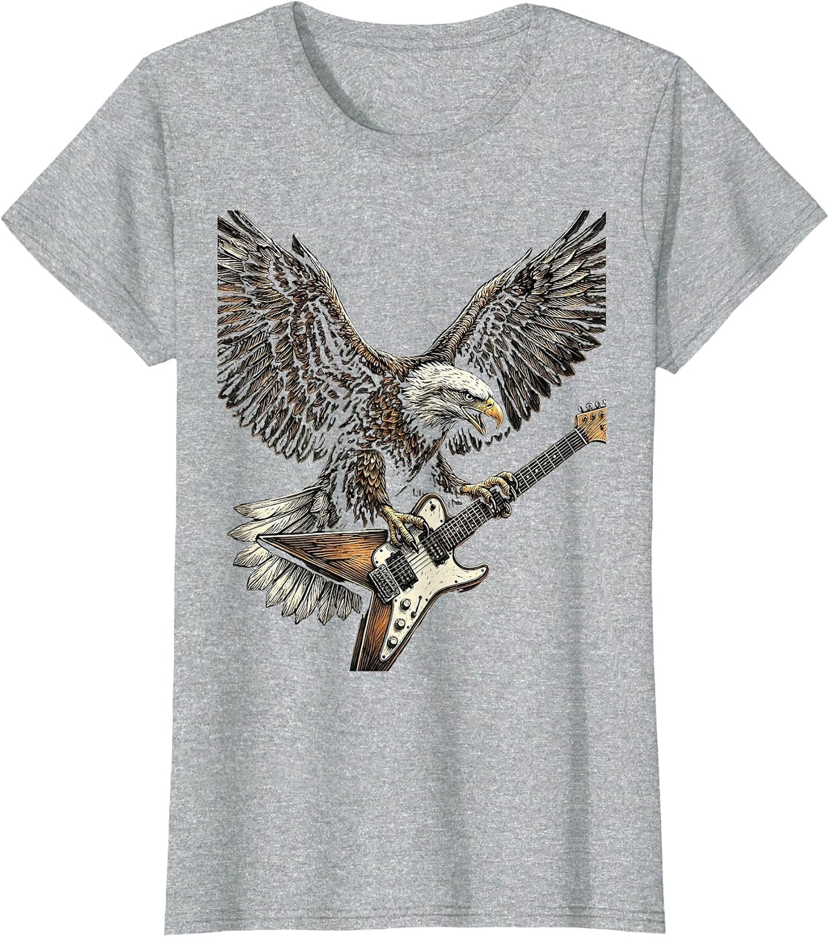 Women's Bald Eagle Flying-V Guitar Rock and Roll Graphic T-Shirt - Heather Grey