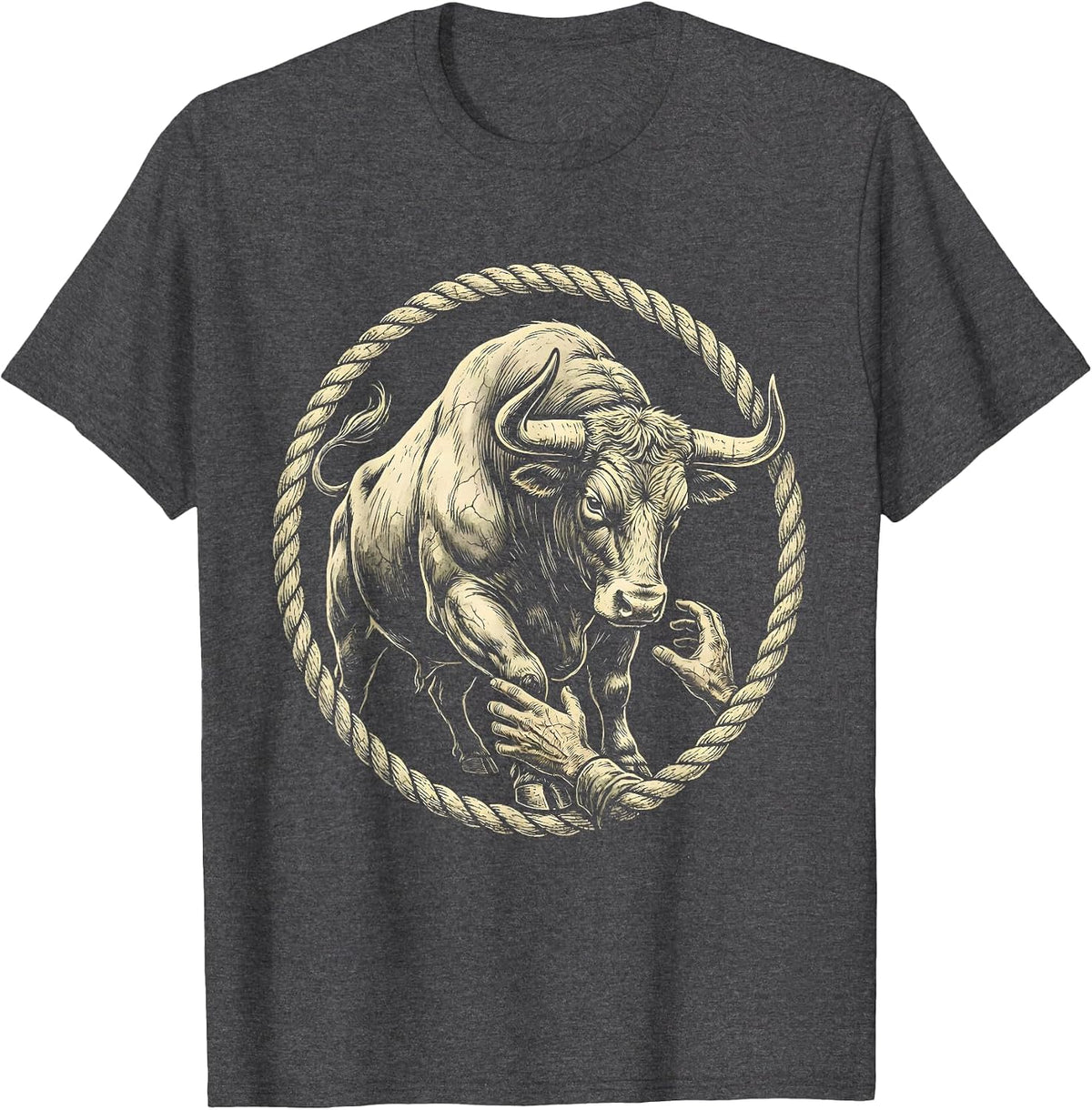 Men's Frustrated Farmer and Bull Barn Scene Graphic T-Shirt - Dark Heather Grey