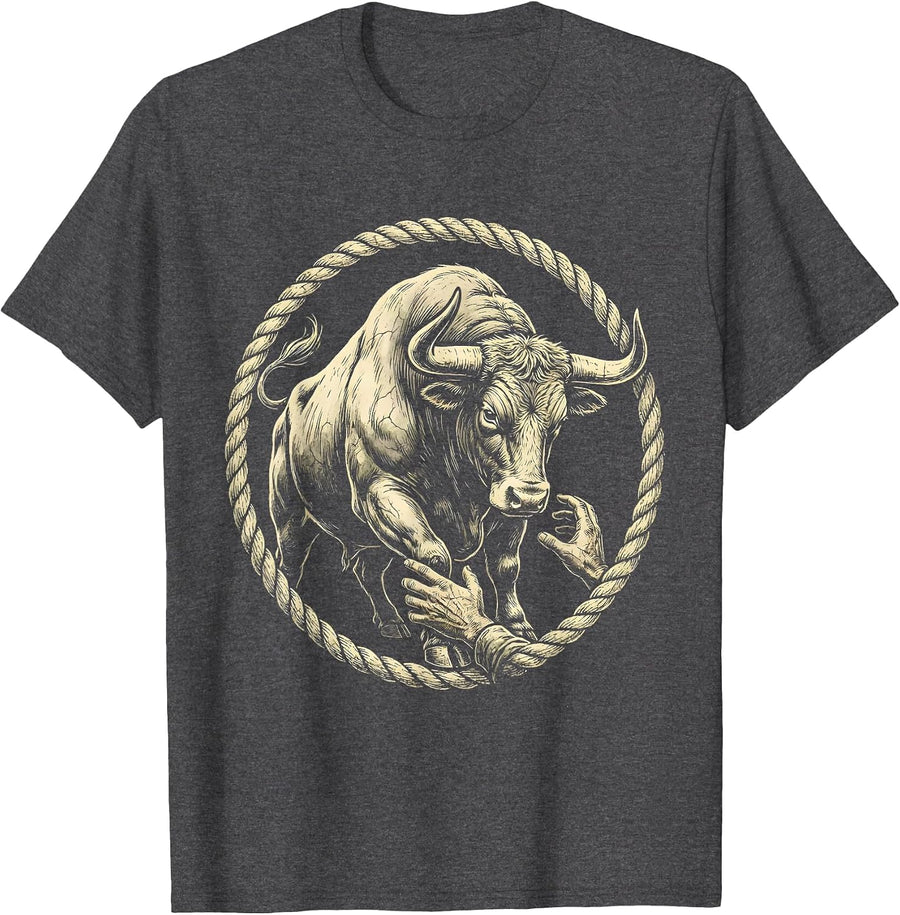 Men's Frustrated Farmer and Bull Barn Scene Graphic T-Shirt - Dark Heather Grey