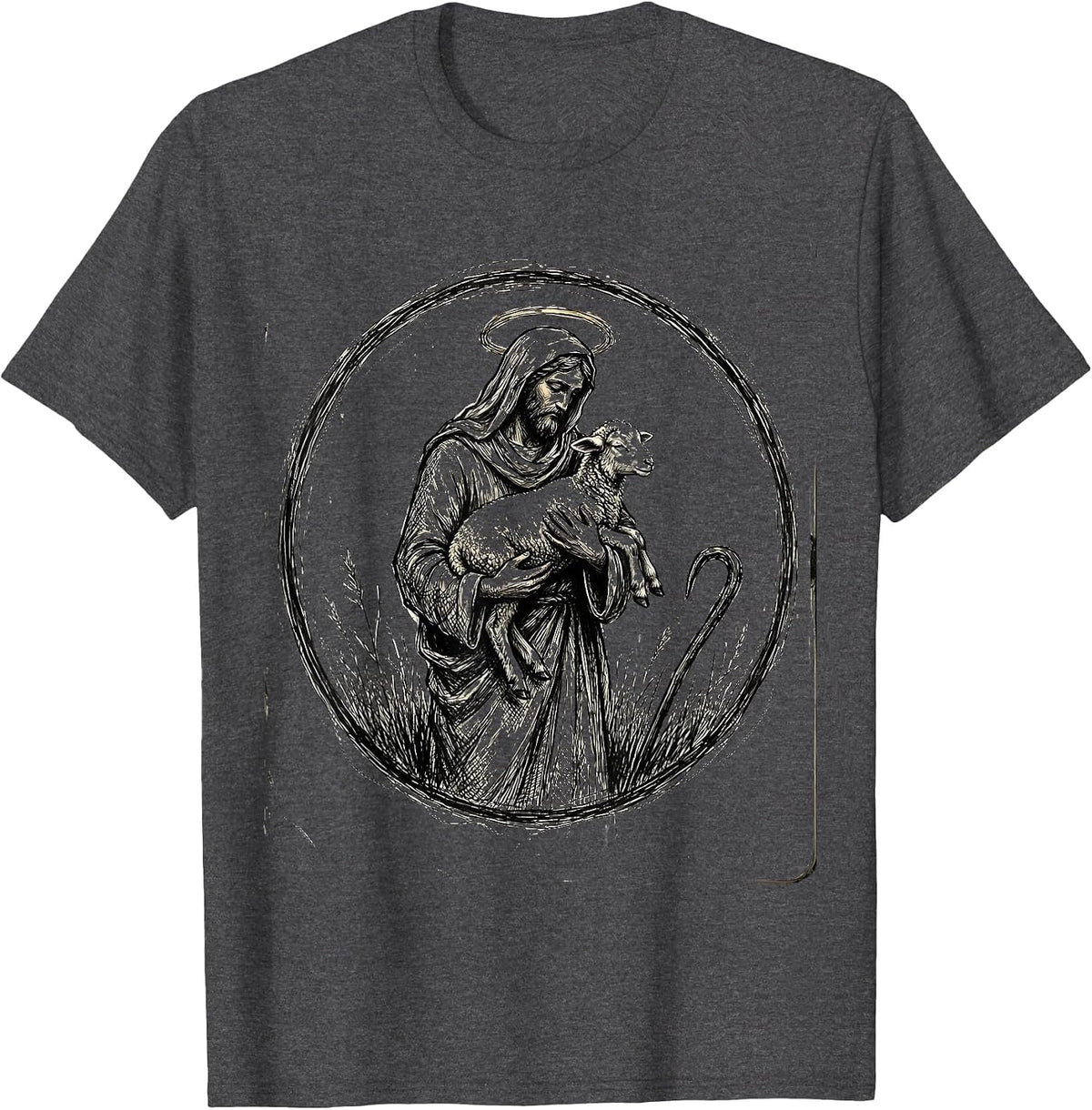 Shepherd Carrying Lost Sheep Christian Faith Design T-Shirt - Dark Heather Grey