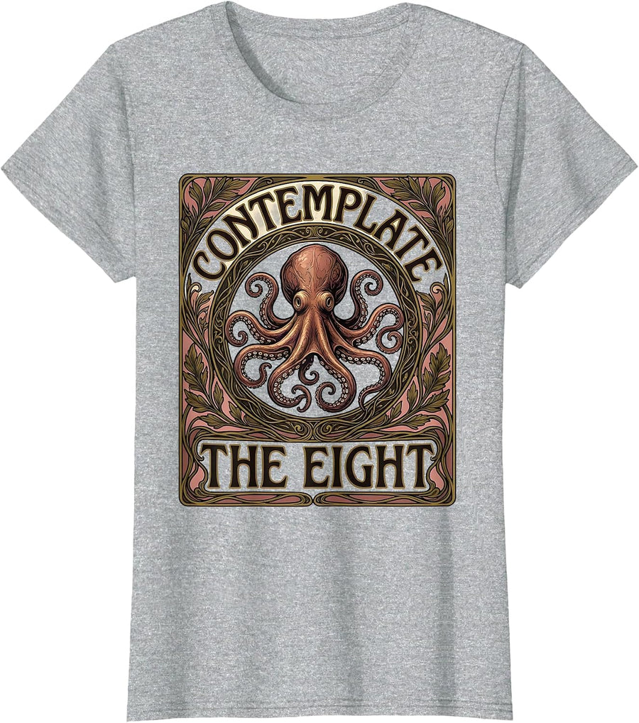 Contemplate The Eight Art Nouveau Octopus Sea Creature T-Shirt - Heather Grey