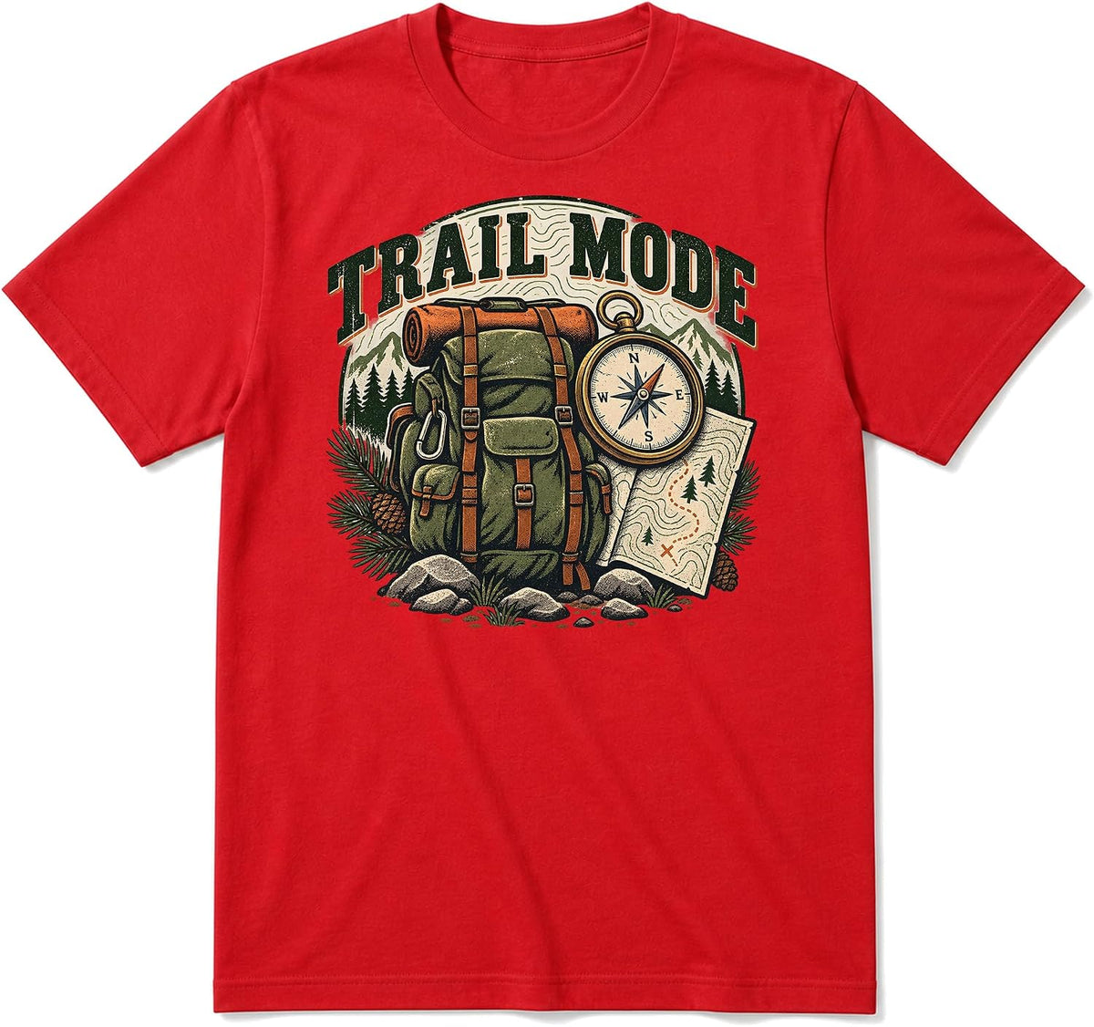Camping T-Shirt, Hiking Backpack and Compass Graphic - Red