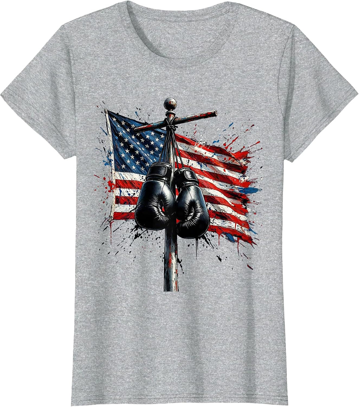 Women's Boys Red White Blue Boxing Gloves Flagpole T-Shirt - Heather Grey