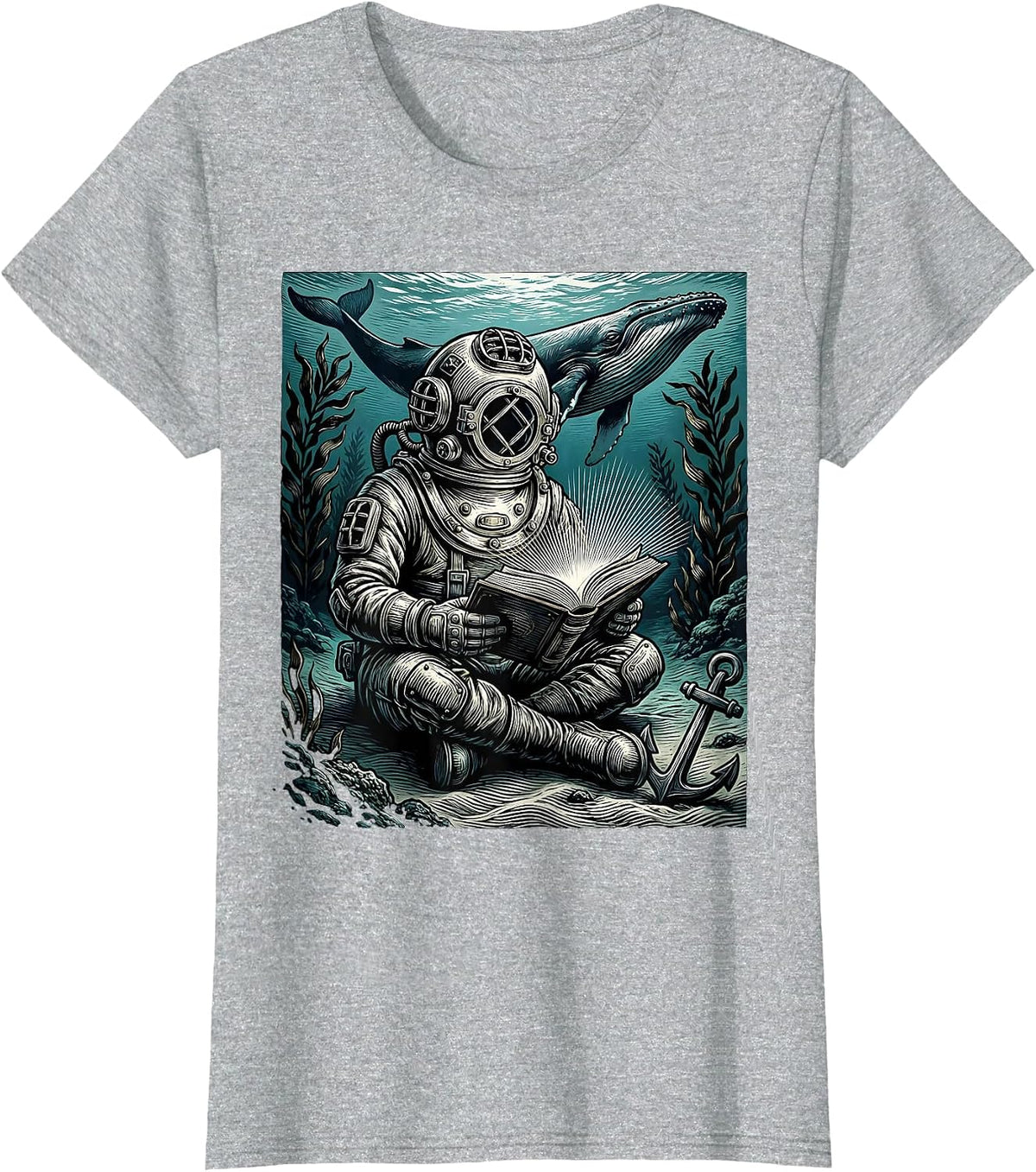Deep Sea Diver Reading Book Underwater Art T-Shirt - Heather Grey