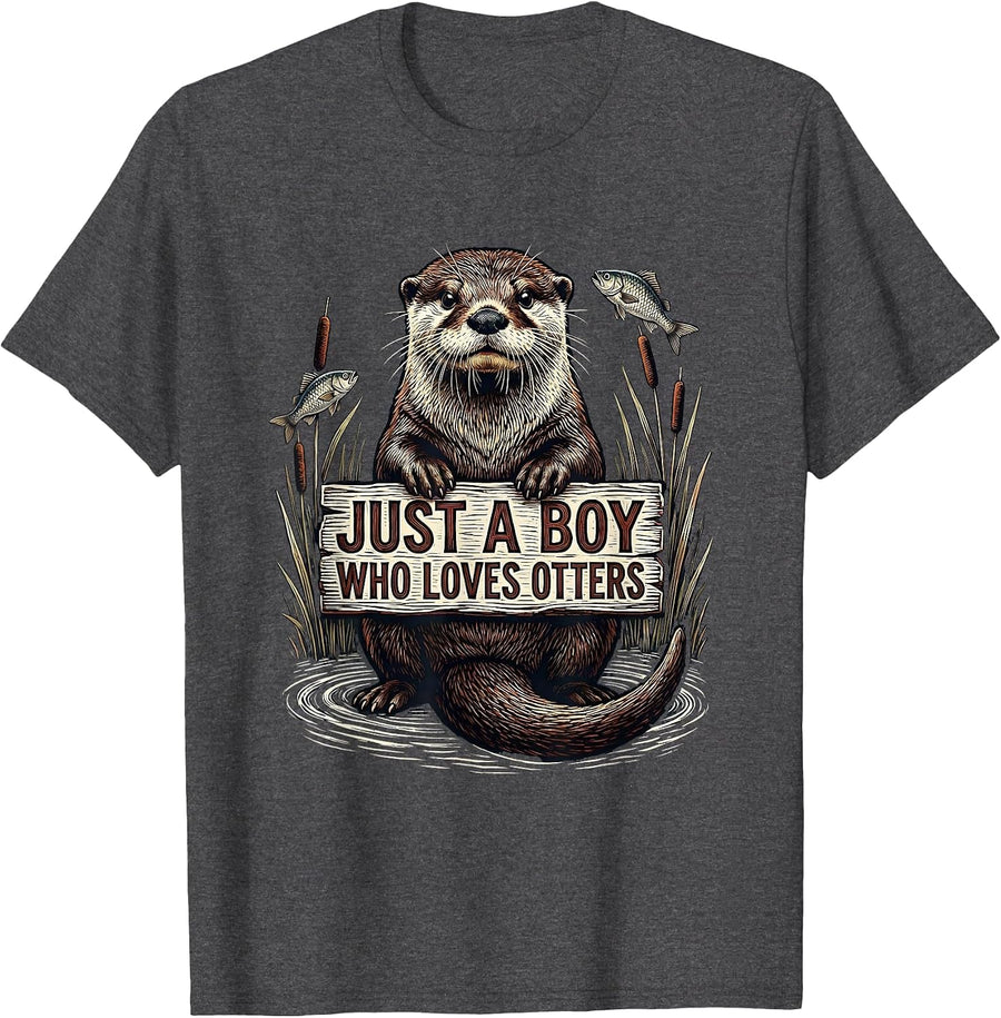 Men's Just A Boy Who Loves Otters Funny Otter Lover Gift For Kids T-Shirt - Dark Heather Grey