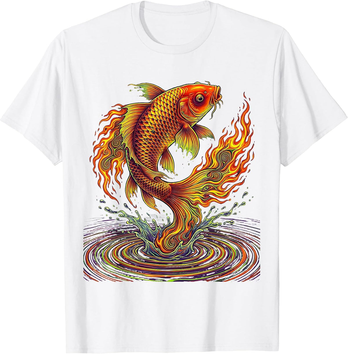 Fire Koi Fish Leaping From Water Graphic T-Shirt - White