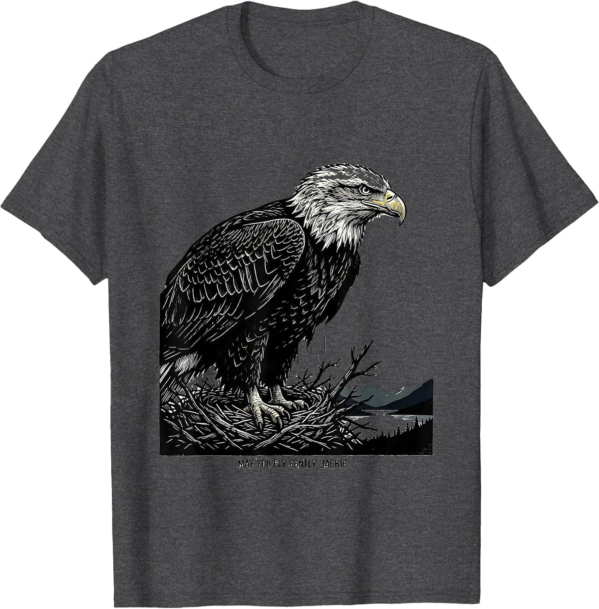 Men's May You Fly Gently, Jackie Linocut Bald Eagle Memorial T-Shirt - Dark Heather Grey